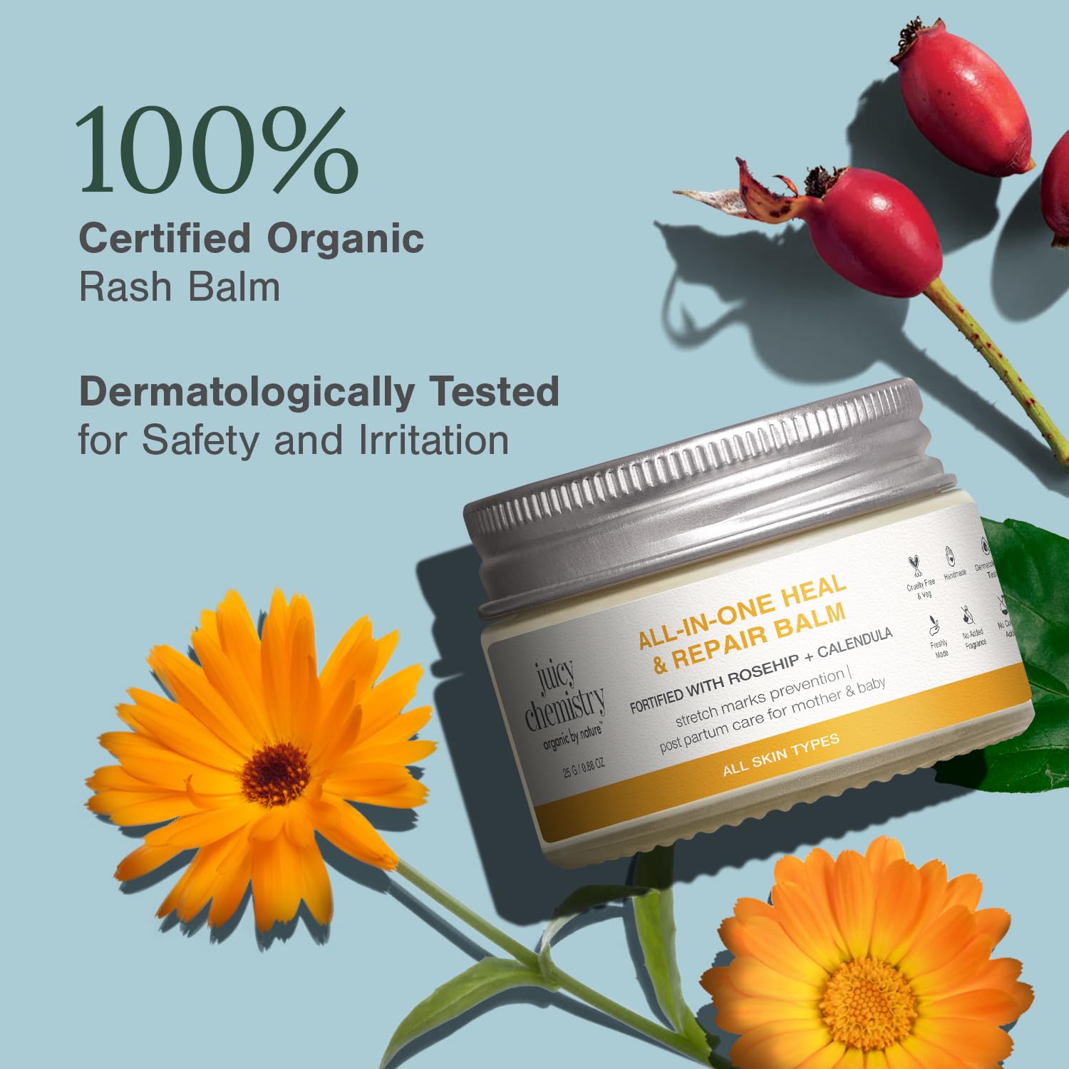 Juicy Chemistry Rosehip, Coconut & Calendula Organic Diaper Rash Balm For Soothing Baby Skin Irritation, 25 Gm