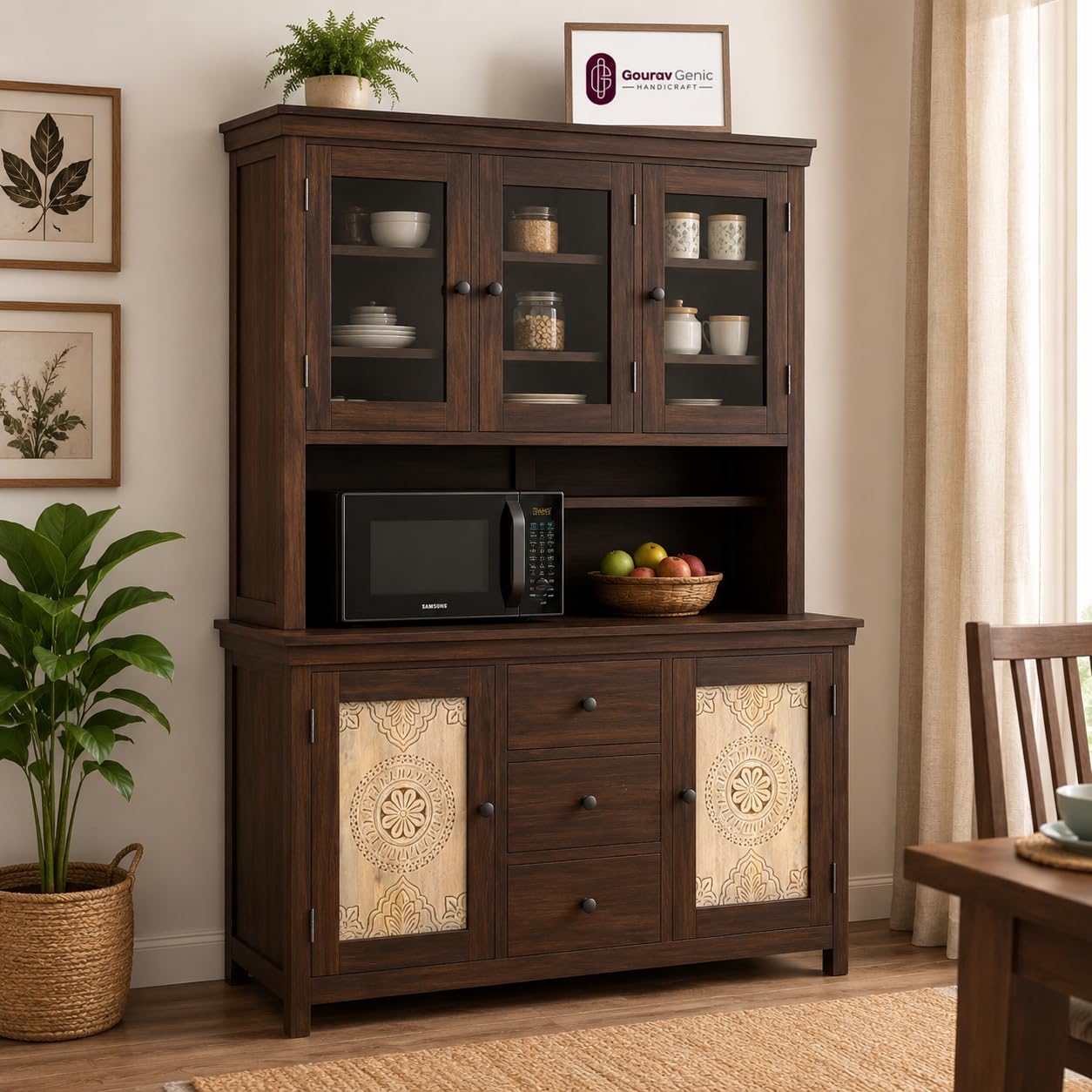 Gouravgenic handicraft Solid Sheesham Wood Kitchen Cabinet with Acrylic Glass Doors Hutch,Crockery Cabinet with Display Shelves,Handmade Wooden Storage Cabinet, Dark Walnut Finish.
