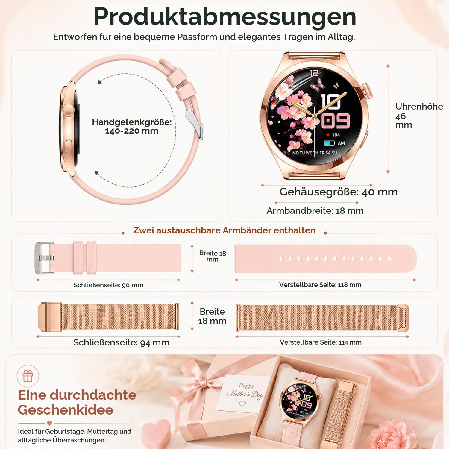 Smartwatch Damen mit Telefonfunktion, 1,27" HD Fitnessuhr mit 110+ Sportmodi, Herzfrequenz Schlafmonitor SpO2 Schrittzähler, IP68 Wasserdicht Smartwatch Damen Rund für iOS Android, Roségold