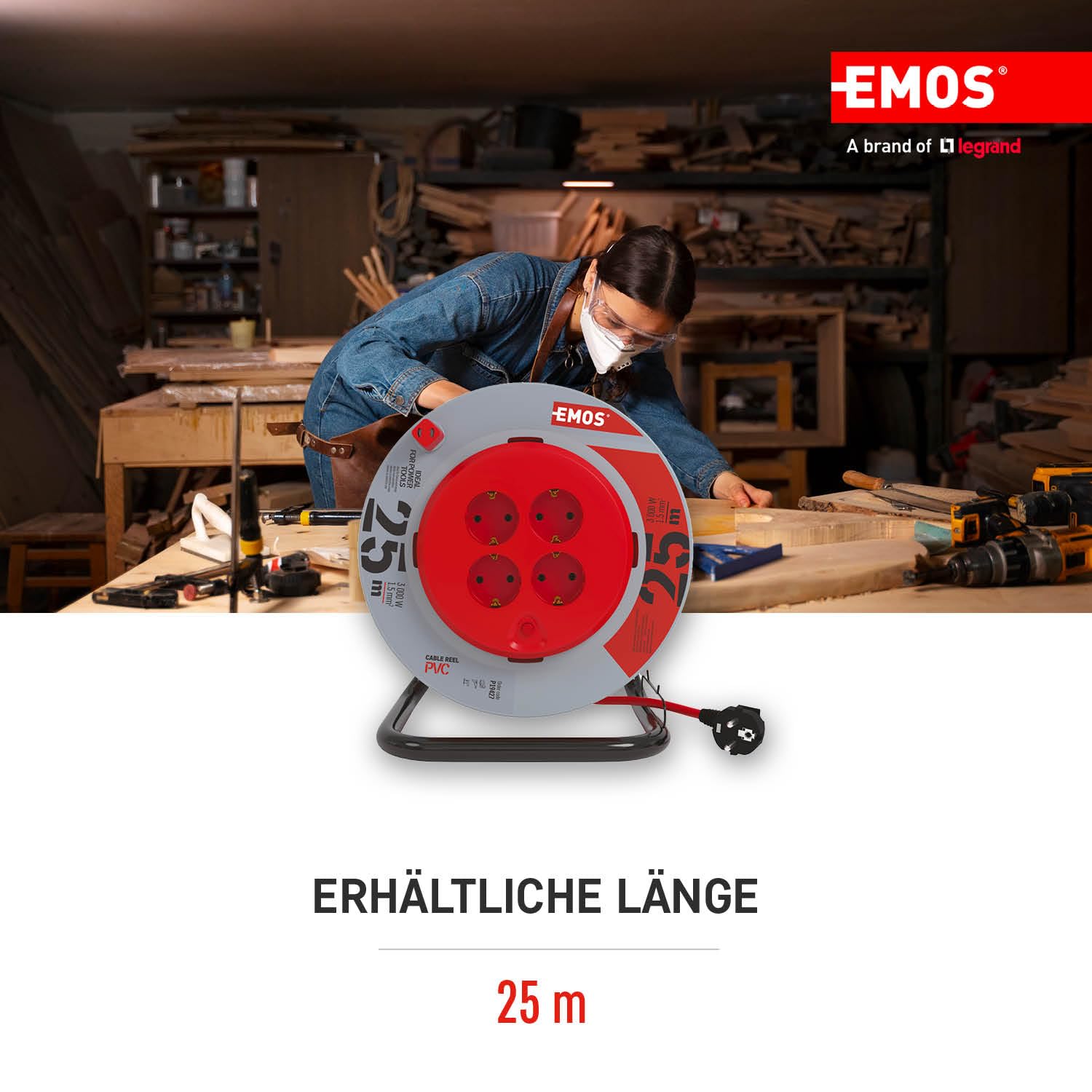 EMOS - Bęben kablowy 25 m ze stałym środkiem - 4 gniazda Schuko - 230 V, 13 A, 3000 W - wysokiej jakości izolacja PCW - H05VV-F3G 1,5 mm2 - zabezpieczenie przed przegrzaniem, hamulec szpułowy - IP20