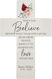 LifeSong Milestones Personalized Red Cardinal Memorial Wall Cross Loss of Loved One Sympathy Comfort Cross Because Someone We Love is in Heaven Quote 14 x 9.25 (When You Believe)