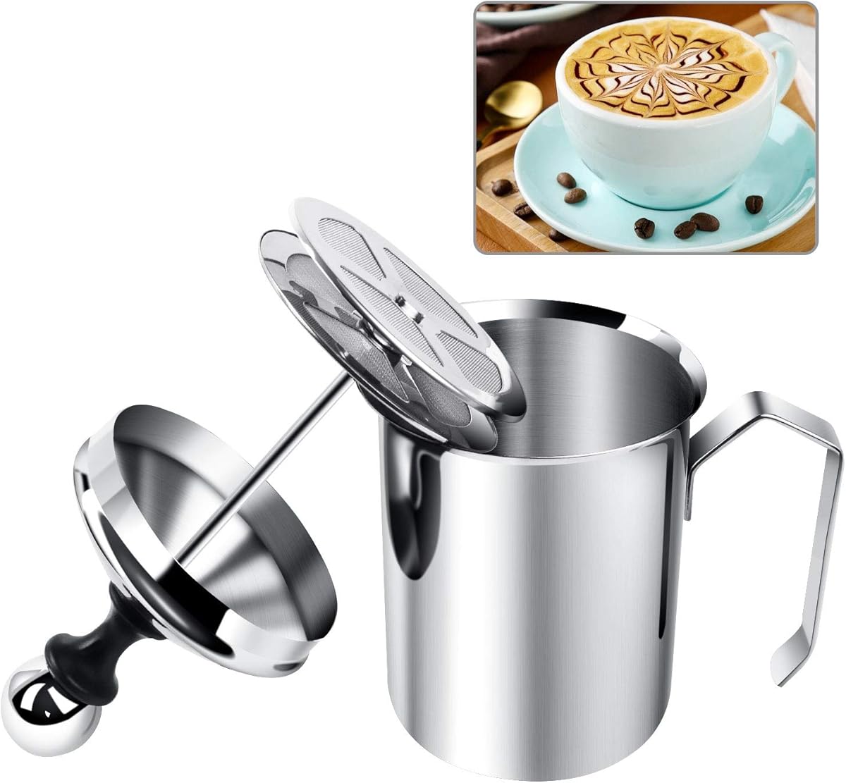 Manual Milk Creamer Hand Pump Frother Cappuccino Latte Coffee Foam Pitcher with Handle, Lid, Double Layer Filter Screen, Stainless Steel, 17-Ounce Capacity (500ml)