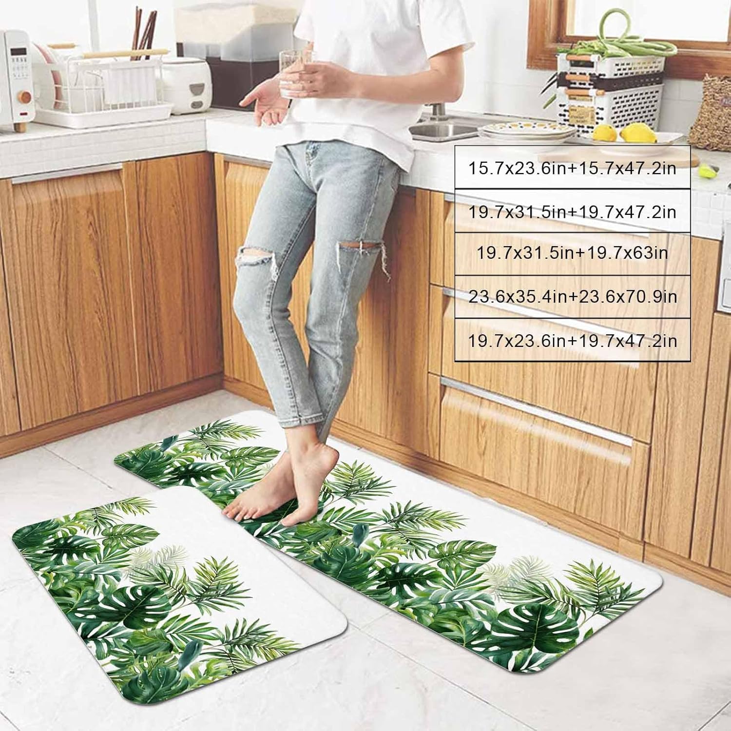 Prime Leader Summer Tropical Leaf Kitchen Mat Set 2 Pieces Country Watercolor Green Plant Leaves Non Slip Kitchen Rugs Washable Runner Rug Mats for Sink Laundry (19.7" x 31.5"+19.7" x 63")