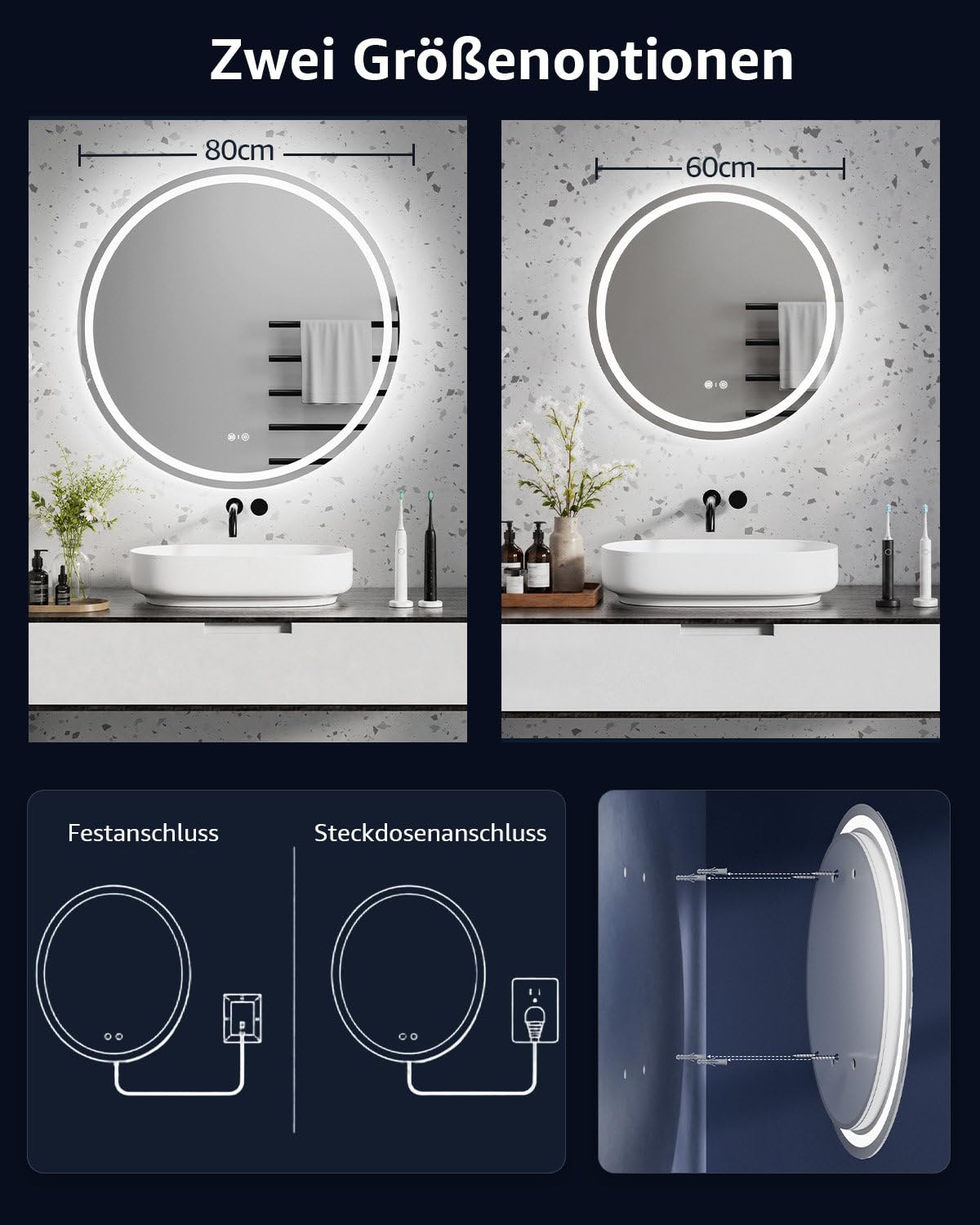 Badspiegel mit Beleuchtung, Smart LED Badezimmerspiegel Rund 60cm mit Sprachsteuerung Alexa, App, Touch Schalter, Speicherfunktion, Dimmbar, 3 Lichtfarben, Timing, Beschlagfrei Wandspiegel Badezimmer