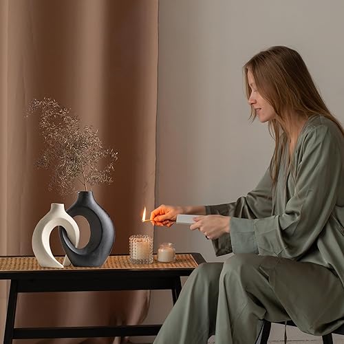 Miniatura 5 de Jarrón blanco y negro juego de 2 jarrones huecos de cerámica para decoración del hogar, decoración de mesa de entrada, decoraciones de estilo