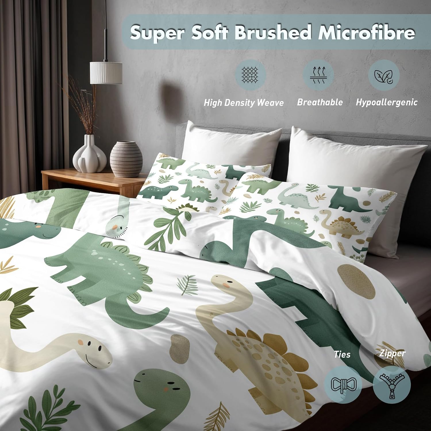 Kids Dinosaur Bedding King Size, Cartoon Dino Duvet Cover Set 3 Piece for Boys Girls Room Decor, Super Soft Microfiber Reversible Comforter Cover with Zip & Ties, 2 Pillowcases