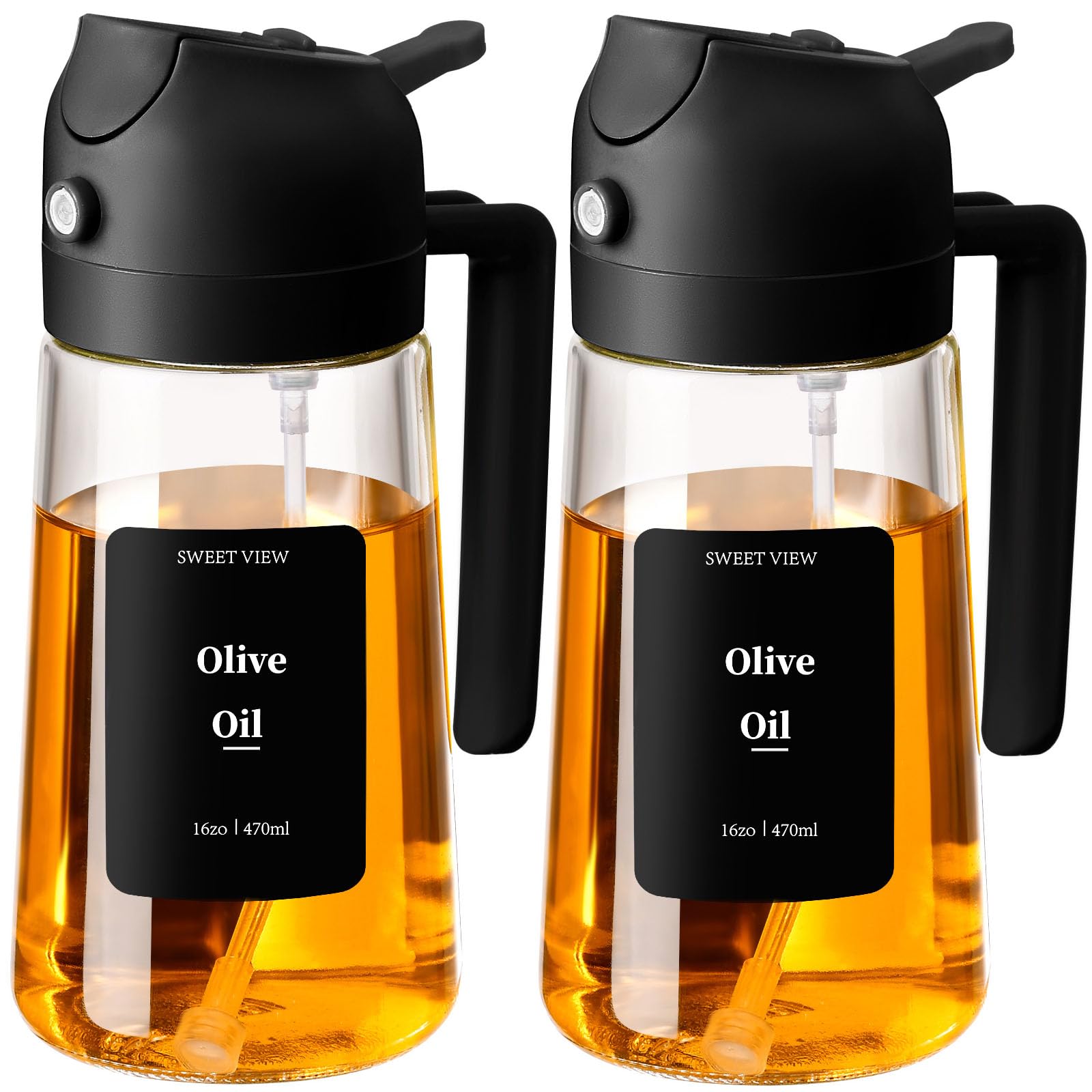 2PCS Olive Oil Spray Bottle, 470ml 2 In 1 Glass Oil Sprayr & Pour/Dispenser for Kitchen, Air Fryer, Cooking, Salad, BBQ (Black,Black)
