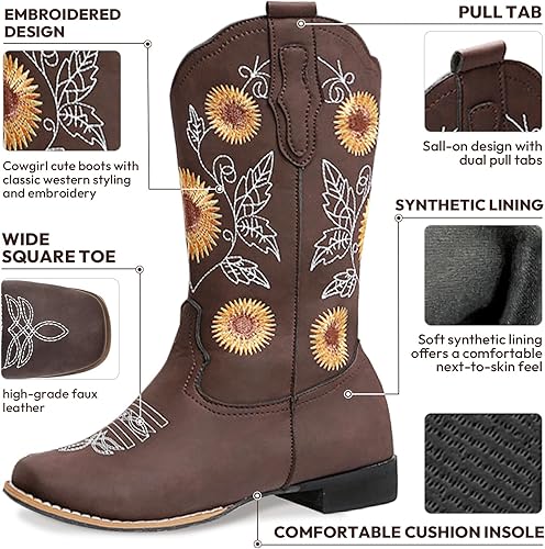 Miniatura 4 de Botas vaqueras bordadas con girasol para mujer, botas vaqueras con punta cuadrada, botas altas de vaquera para todas las estaciones y ocasiones
