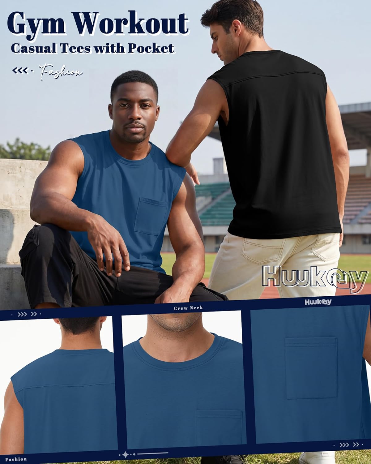 Huukeay 3 Pack Cotton Men's Big and Tall Sleeveless Tank Tops Muscle Shirts Gym Workout Casual Tees with Pocket - Image 4