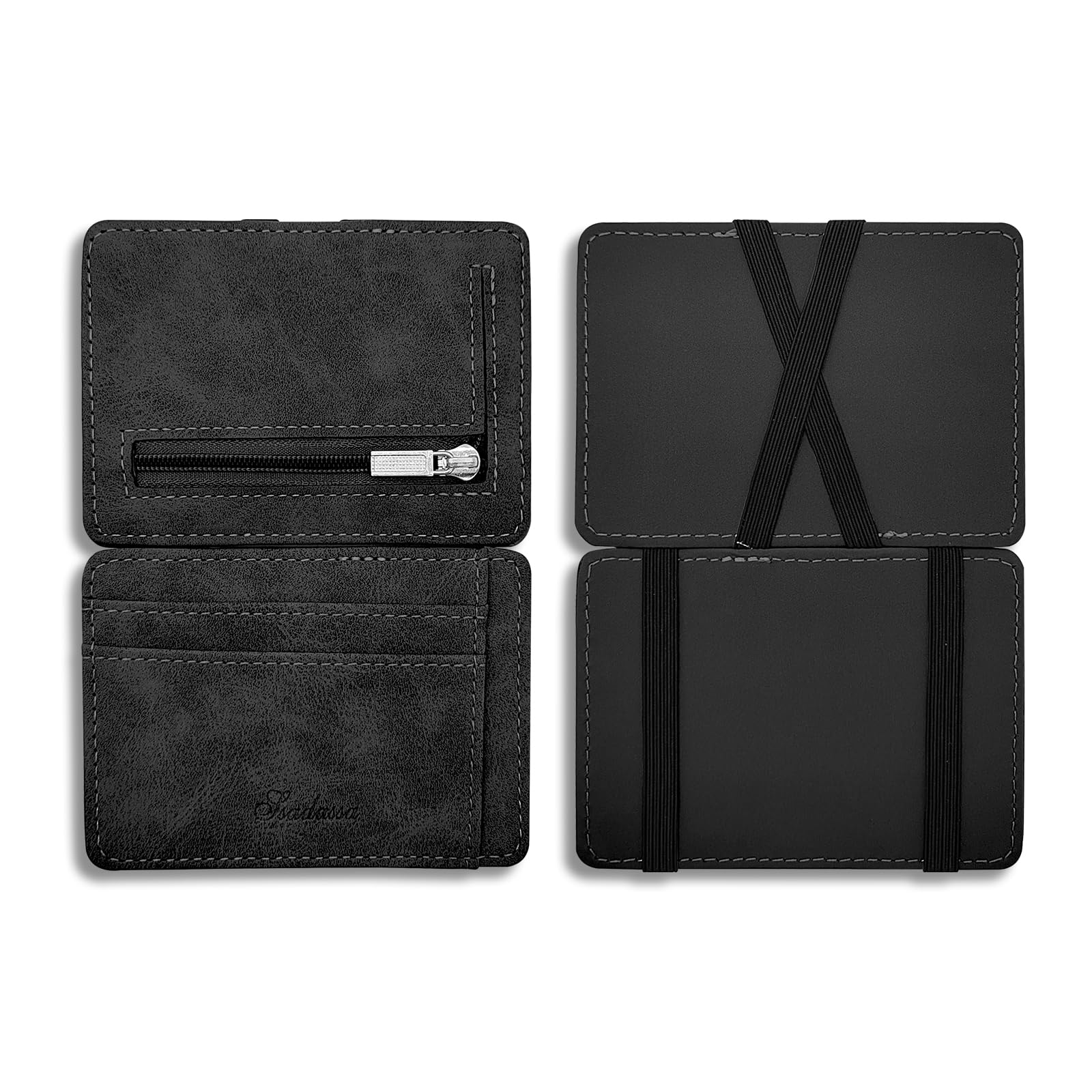 FuninCrea Mens Wallets Clamshell Magic Mens Card Wallet with 3 Card Slots and Zipper Coin Pocket, Frosted PU Leather Mens Slim Wallet Ultrathin Card Holder Wallet Money Clip for Men, Black, S, Casual