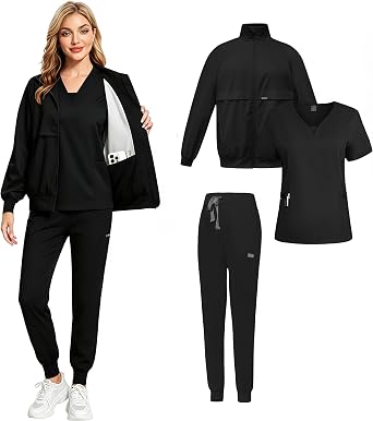 Scrubs for Women and Men 3-Piece Set Jacket + V-Neck Top + Jogger Pants with Multi Pocket Anti Wrinkle