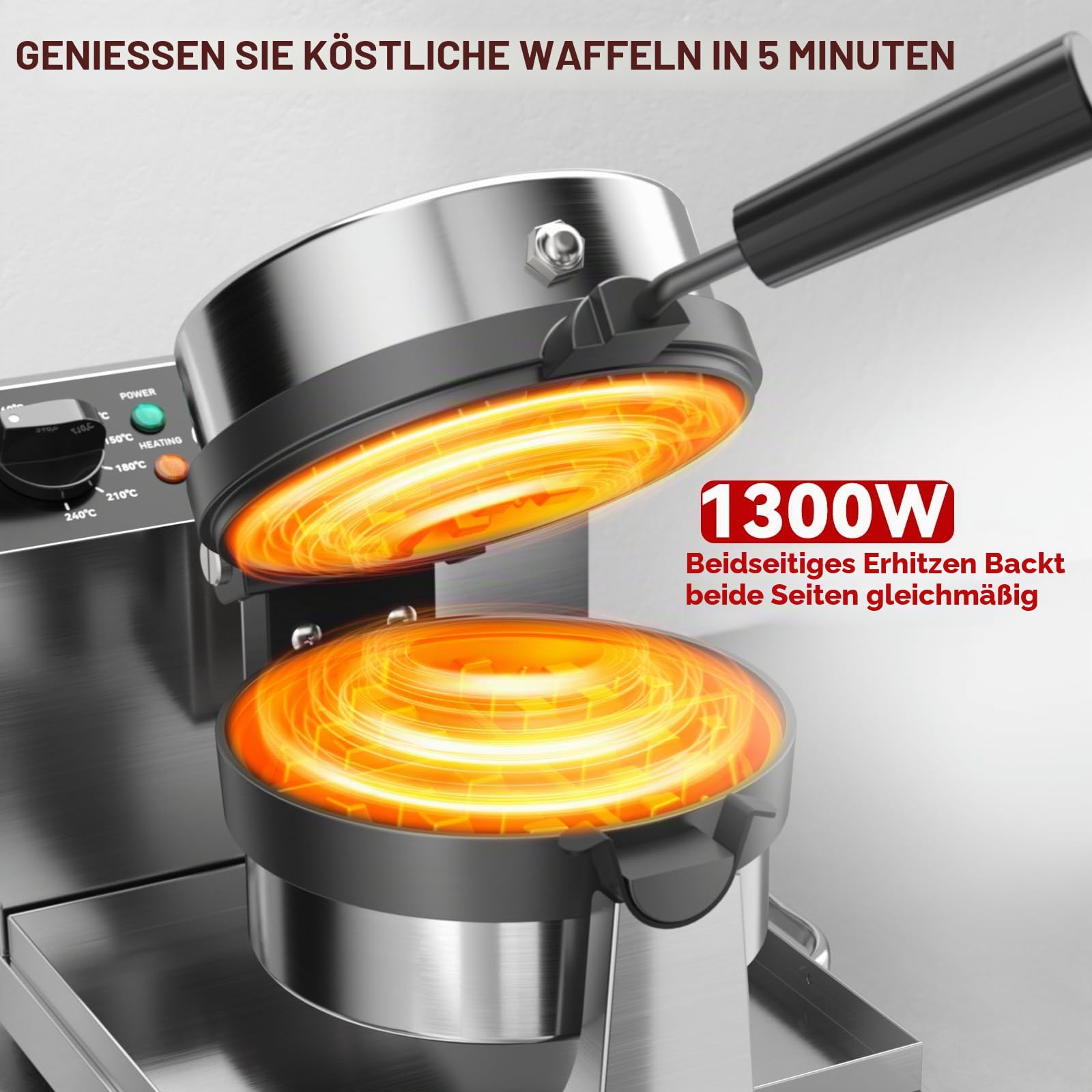 CROSSON Kommerzielles Waffeleisen,Rundes Waffeleisen Belgische Waffel Um 180° Drehen,Nicht Haftende Dreifachschicht mit Temperatur- und Zeiteinstellung für Restaurant Bäckerei Snackbar,230V/1300W