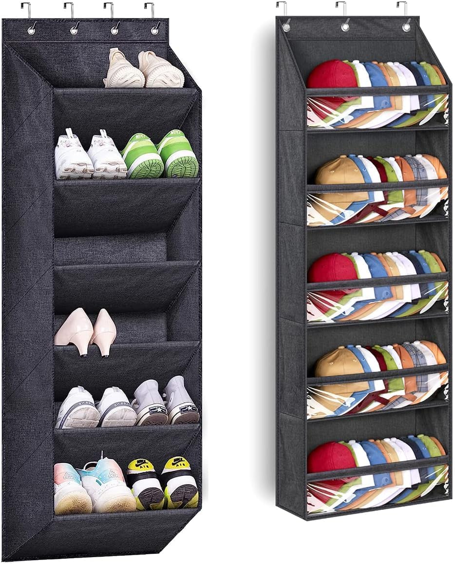 SLEEPING LAMB Shoe Rack for Door with Large Deep Pocket and Over Door Hat Racks for Baseball Caps with Clear Deep Pockets