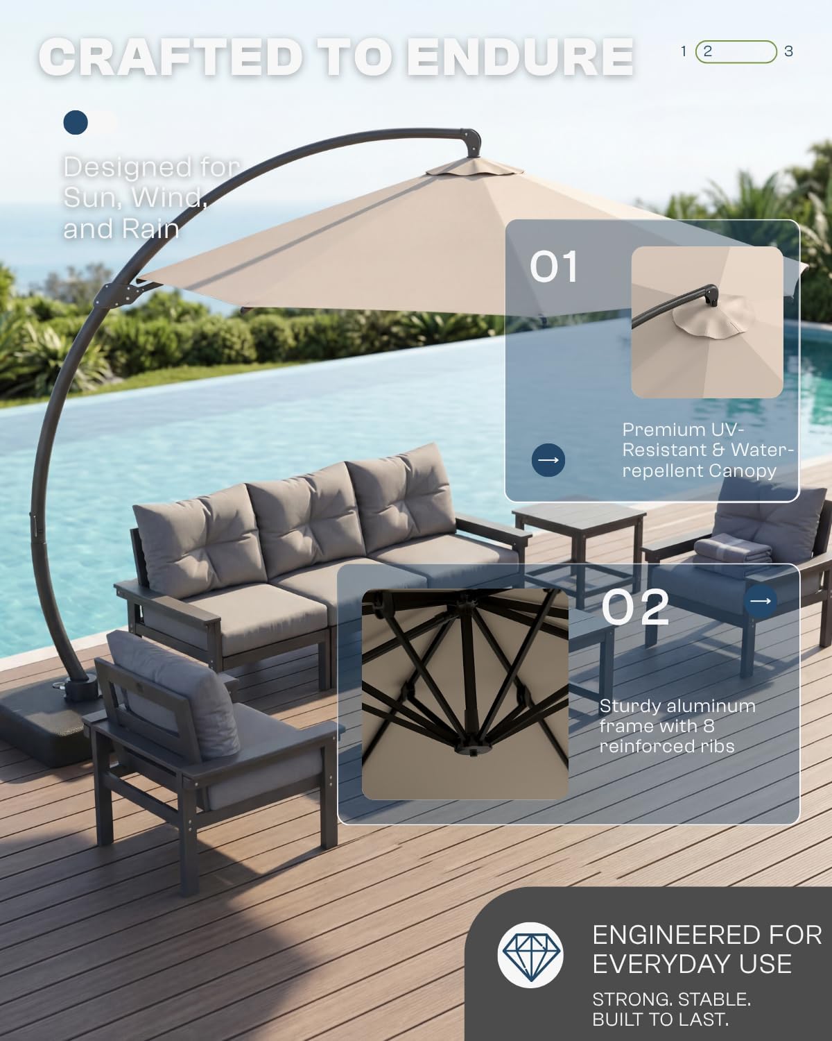 12FT Cantilever Umbrella with Base Included, Large Round 360° Rotation Offset Umbrella Outdoor Patio, Heavy Duty Aluminum Frame, Sand-Weighted Stand, for Deck, Backyard, Pool, Garden (Beige)