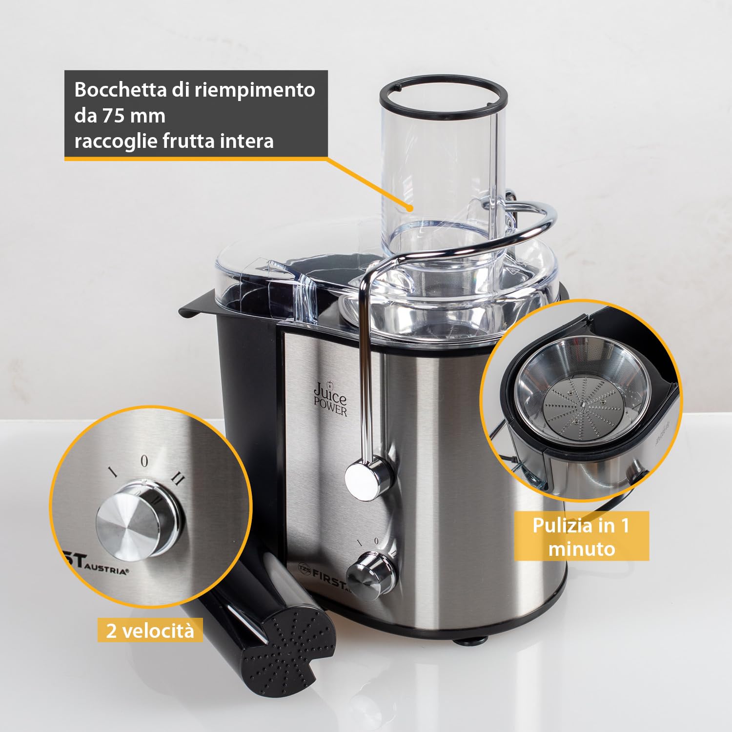 TZS First Austria Estrattore di succo | 800 W | 750 ml | Bocca di riempimento XXL | 2 velocità | Facile da pulire | Filtro di estrazione in acciaio inossidabile | Piedini antiscivolo