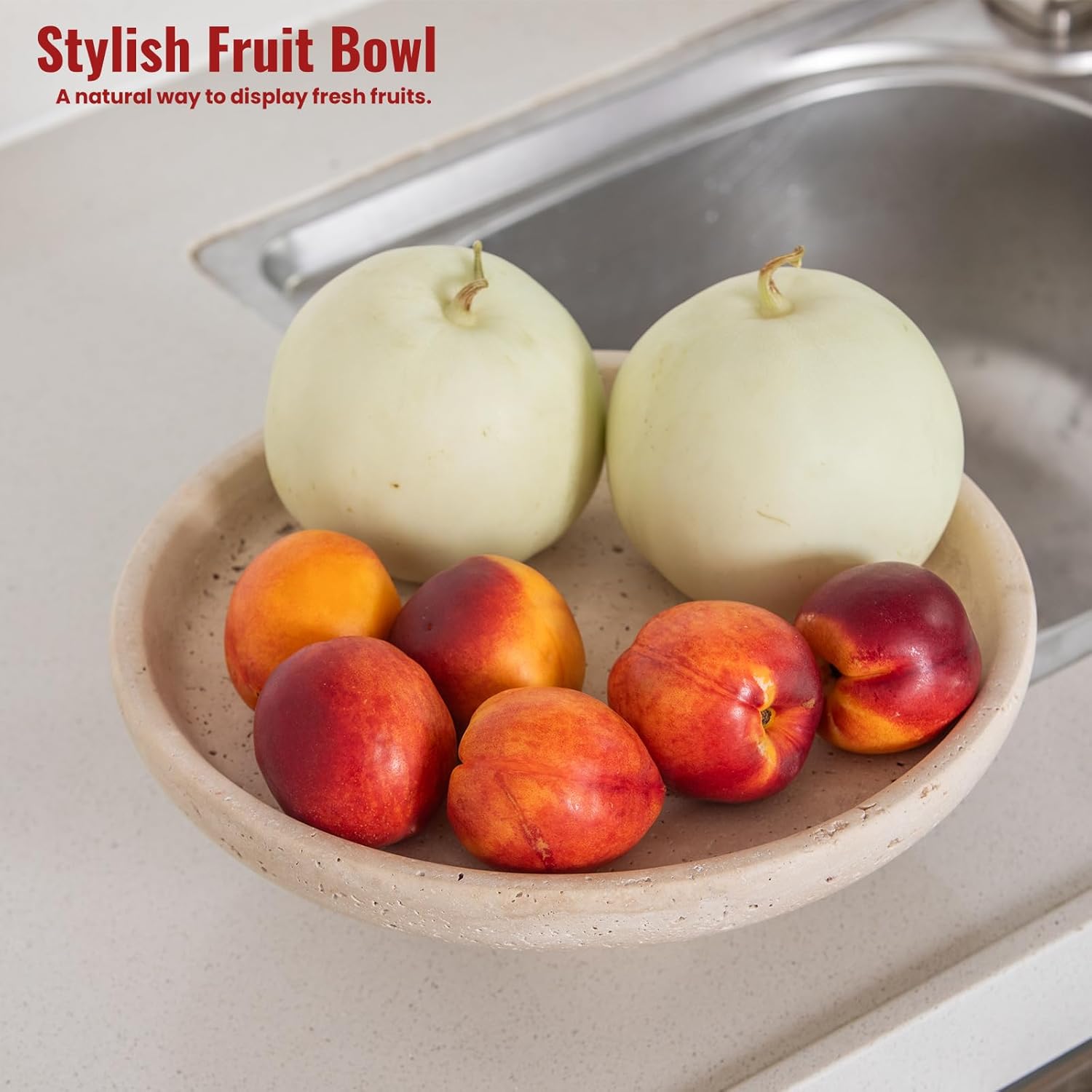 Natural Travertine Fruit Bowl 10.2" – Large Decorative Bowl & Travertine Decor Pedestal for Kitchen Counter & Dining Table ,For Entryway, Kitchen Fruit Bowl, Potpourri, Dining Table Centerpiece.