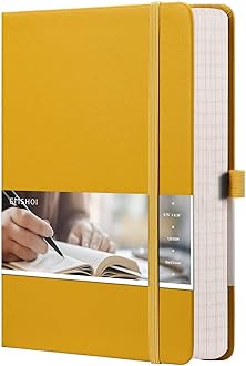 EMSHOI College Ruled Notebook 120gsm Thick Lined Journal - 256 Numbered Pages, A5 Hardcover Leather Writing Notebook for Work, School, Travel - with Sticky Notes, 5.75"x8.38", Yellow