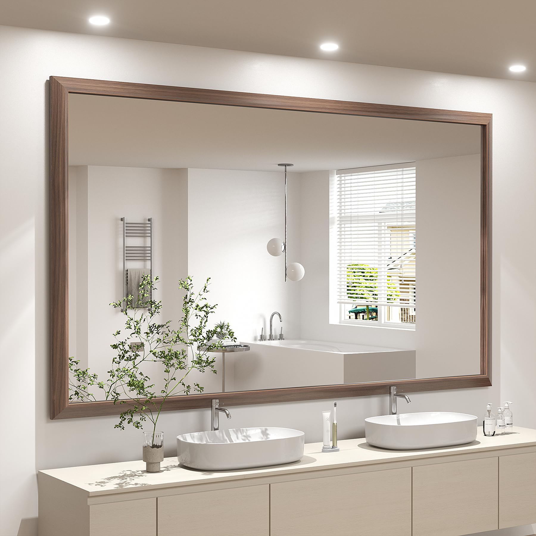 smiror 55 x 30 inch rustic bathroom mirror for over sink, brown walnut metal framed farmhouse rectangle vanity mirrors for wall, wooden grain, thick frame, (horizontally/vertically)