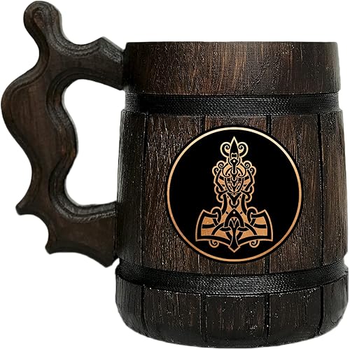 Taza de cerveza de madera vikinga. Thor Hammer Mjolnir Premium Tankard. Regalo de madera nórdico personalizado para él. Taza grande hecha a mano