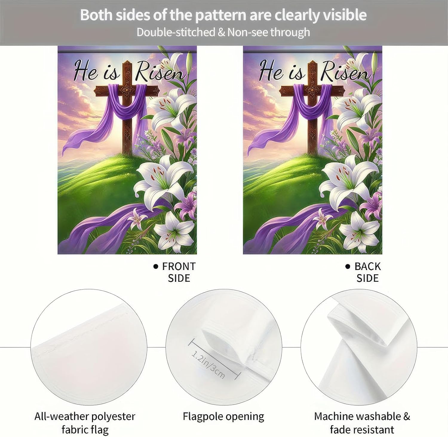 He Is Risen Easter Garden Flag 12x18 Inch Double Sided Religious Garden Flags, Christian Cross Easter Yard Flag Outdoor Spring Decoration for Lawn, Yard & Garden - Image 6