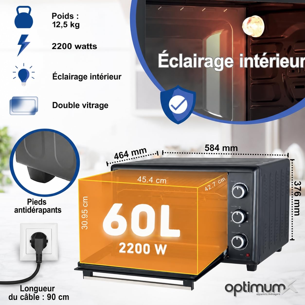 OptimumX Four Électrique 60L XXL à Chaleur Tournante, 2200W, Tournebroche, Lumière Intérieure, 40–230°C, Noir
