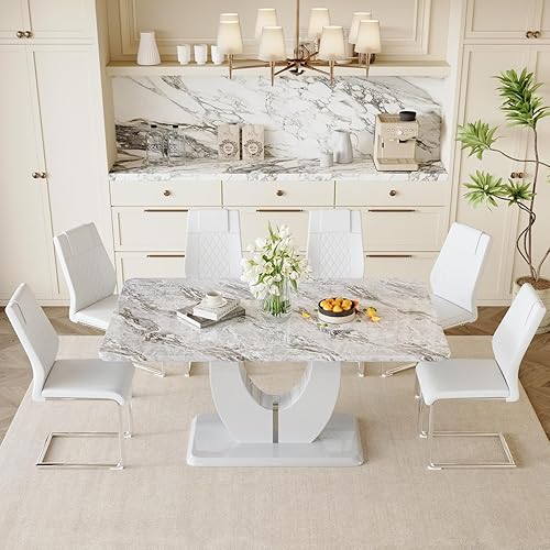 Miniatura 3 de JUFU Juego de 6 mesas de comedor modernas con mesa de mármol sintético, juego de mesa de cocina rectangular gris de 63 pulgadas, juego de cena de 6