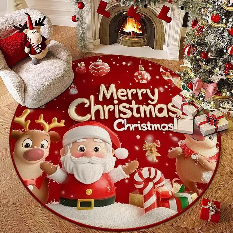 15 Inch Mini Christmas Red Round Rug, Cartoon Santa Claus Carpet, Soft and Does Not Shed, Christmas Tree Printed Rug, Bedroom Washable Carpet (Style3)