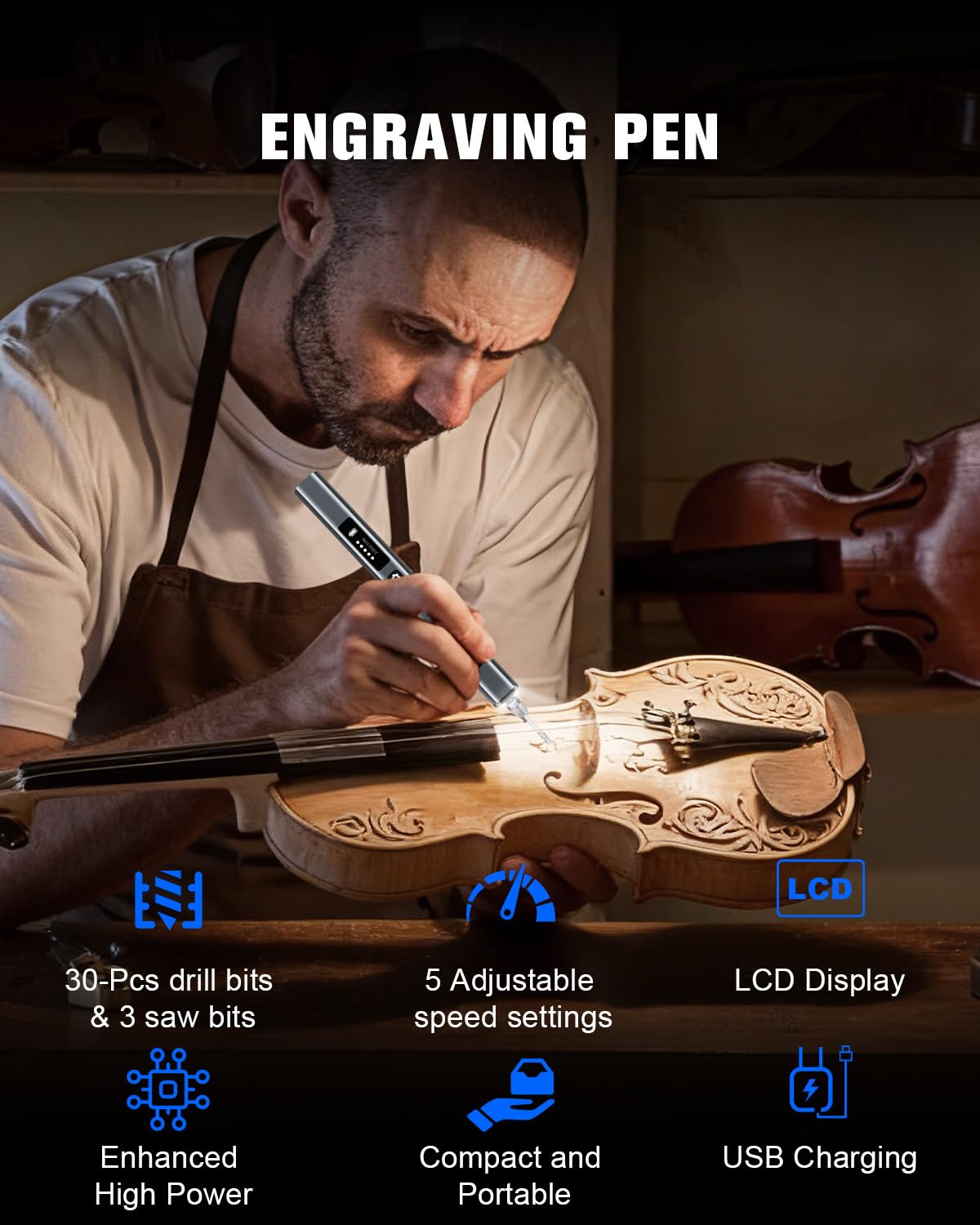 Penna per incisione, penna per incisione elettrica con display LCD, luce LED, 5 velocità, oltre 30 accessori e ricarica rapida USB-C strumento wireless portatile (grigio)