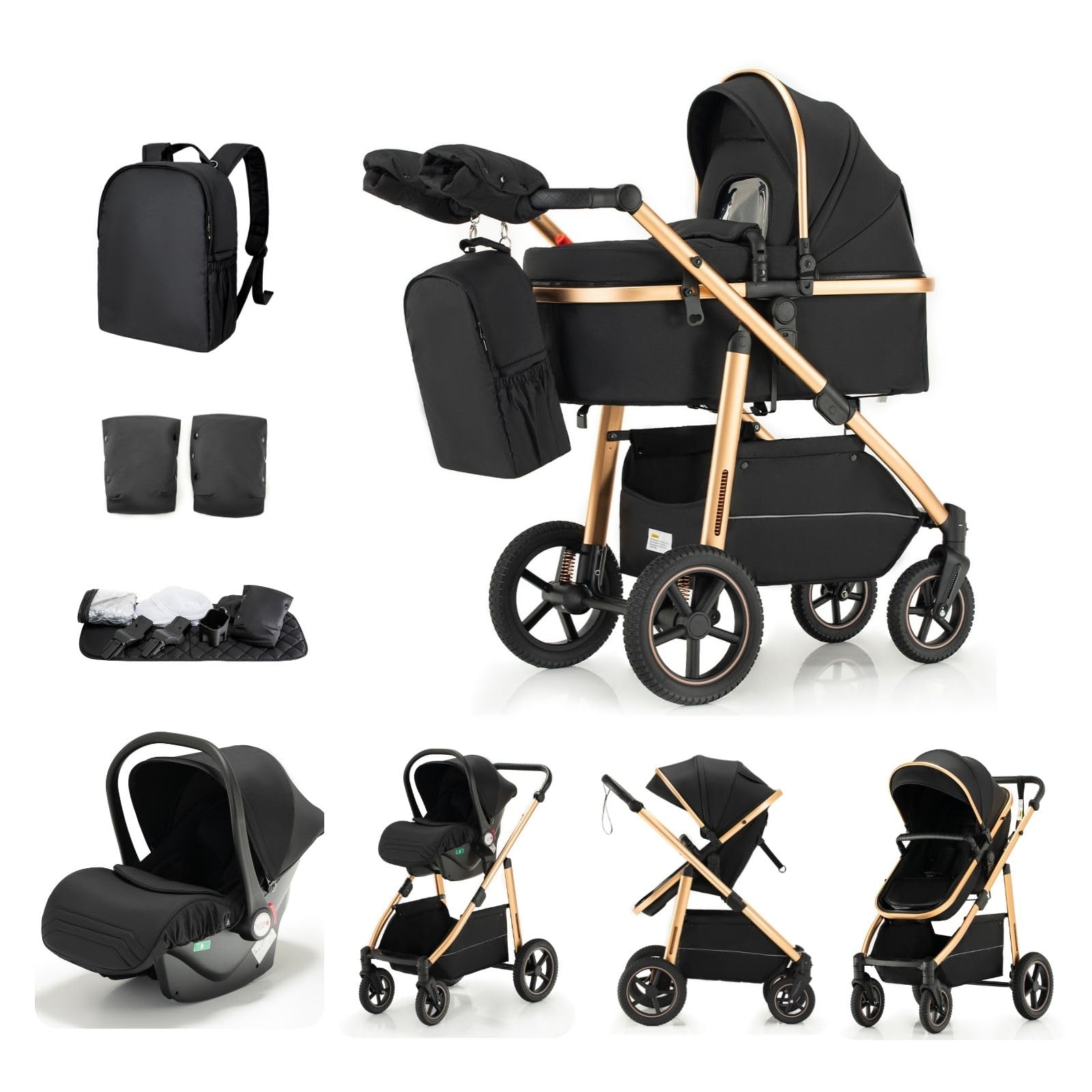 3 en 1 Cochecito de Bebé, Sistema de Viaje, Carrito Bebé Asa Regulable en Altura, Silla de Paseo, Capazo y Asiento de Cochecito, Mosquitera, Cochecito con chasis de aluminio(0-4 Años, 22KG)