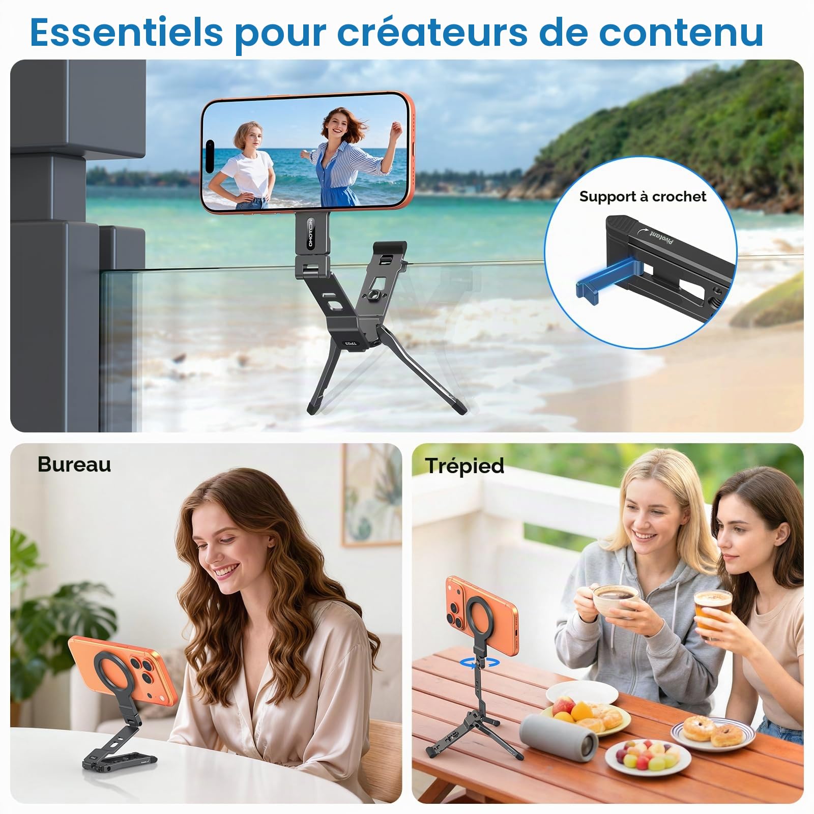 OMOTON TP03 Rotation à 360° pour trépied MagSafe, trépied magnétique ultrafin de 12mm avec vis et Crochet 1/4", pour iPhone 17/16/15 Pro Max, Support de téléphone pour vlog, Salle de Sport, Voyage