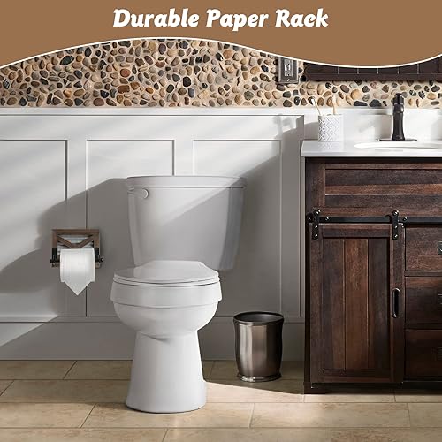 Miniatura 6 de Soporte de papel higiénico de granja con metal galvanizado y metal negro, soporte rústico de pared de madera marrón cálida para decoración de baño