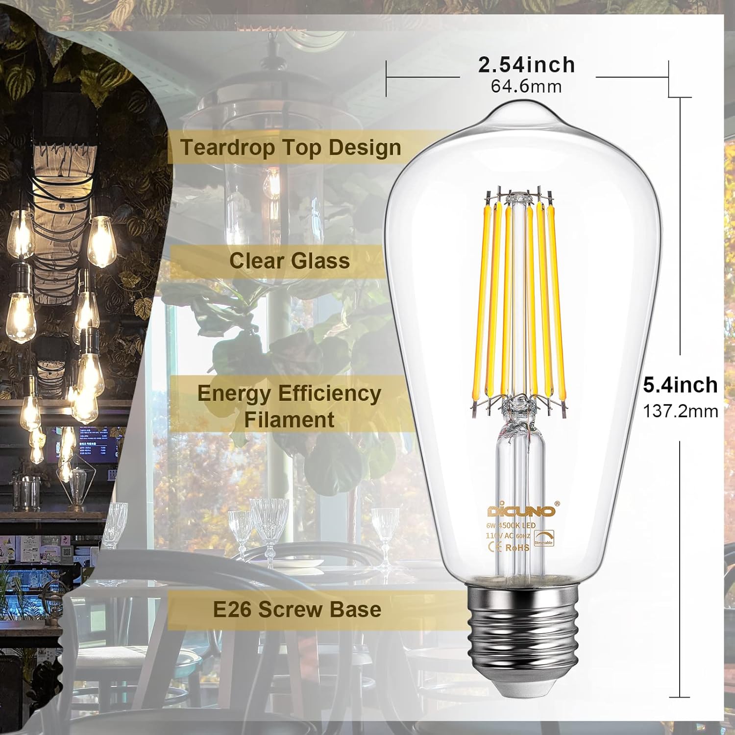 Soft White LED Vintage Filament Bulbs, Pack of 6