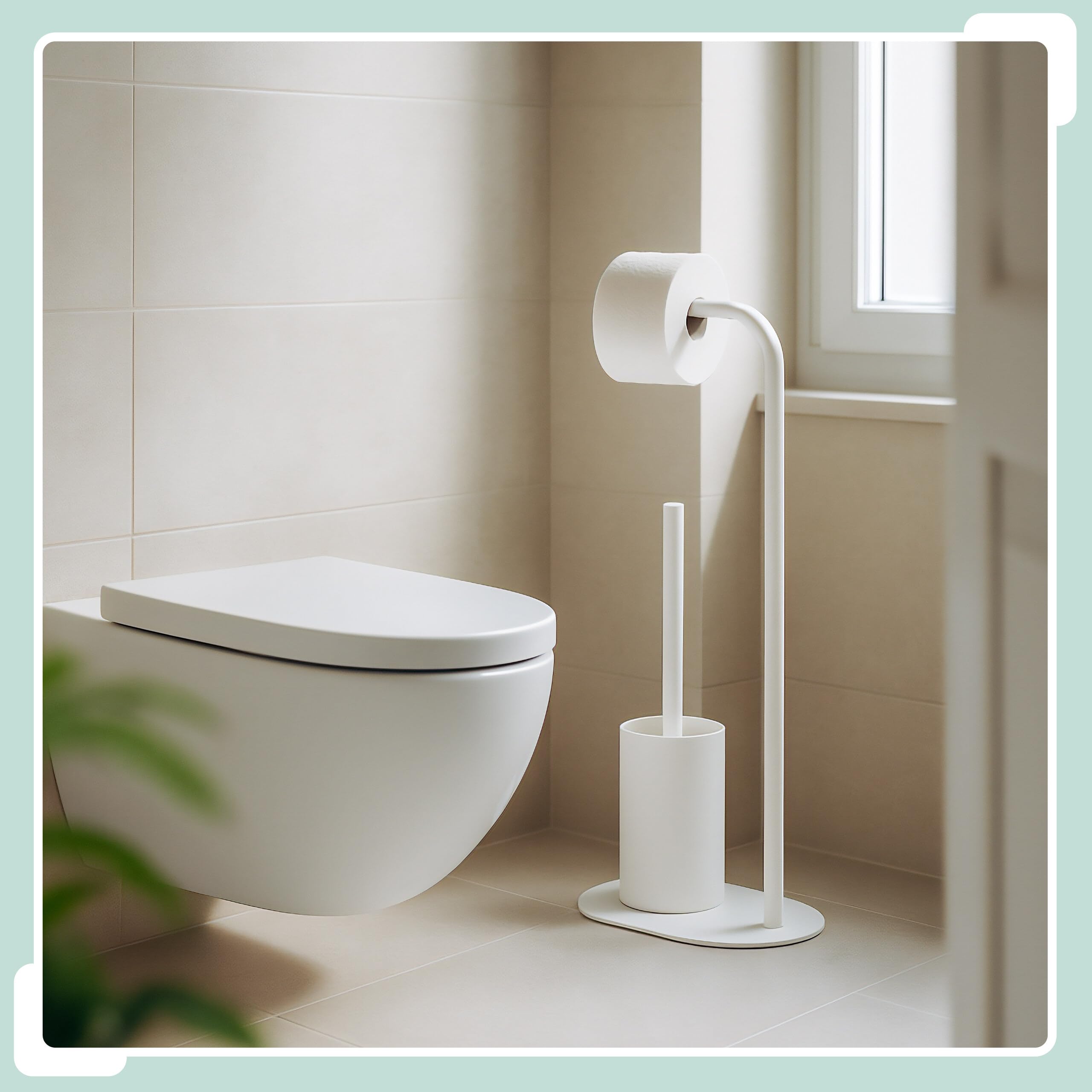 Juego de baño Relaxdays, H x An x F: 64,5 x 23 x 17 cm, Metal, portarrollos de pie con escobilla, Soporte WC, Blanco