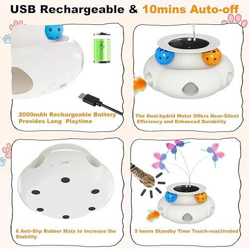 Miniatura 6 de Juguetes interactivos para gatos de interior, juguete recargable 3 en 1 con varita de plumas de emboscada, mariposa aleteante y bolas de pista,
