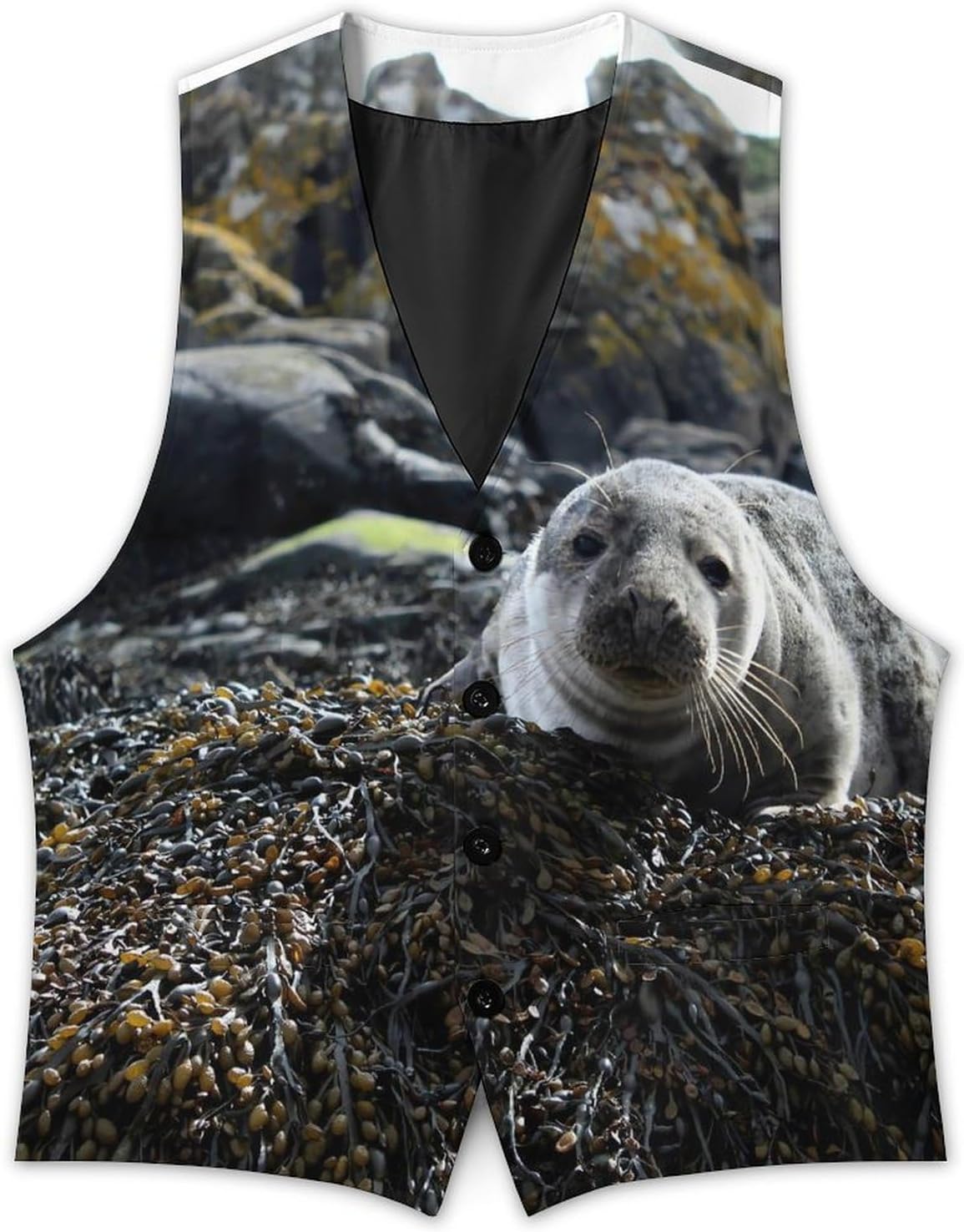 Sea Lion on The Rocks Casual Suit Vest for Men Formal Business Dress Regular Fit Waistcoat Tuxedo