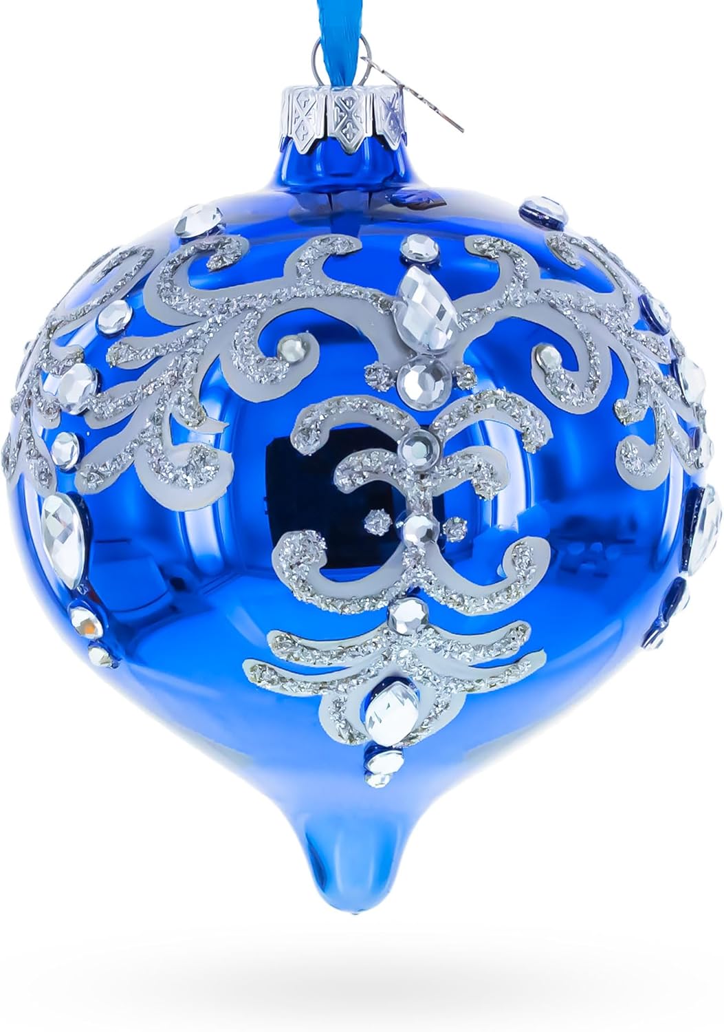 Blue Jeweled Silver Scroll Onion-Shape Finial Glass Christmas Ornament - Image 3