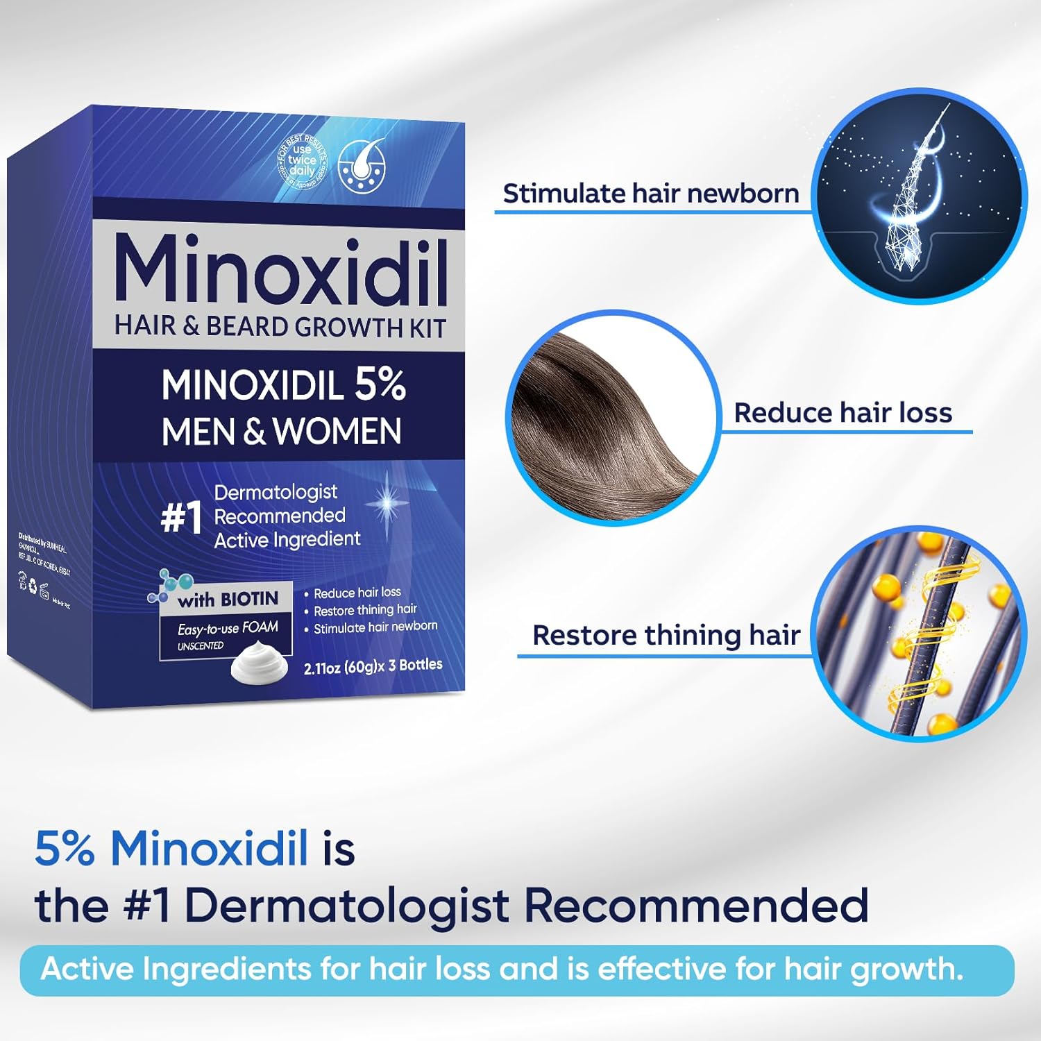5% Minoxidil Foam for Men & Women, Minoxidil For Women Hair Growth, Extra Strength Hair Regrowth Treatment, Lightweight Non-Drip Formula for Scalp & Beard, 180ml (3 Packs) - Image 3