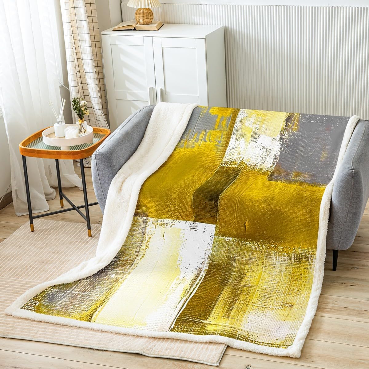Erosebridal Yellow Watercolor Throw Blanket for Couch Gray Gradient Fleece Blanket for Boys Girls, Tie Dye Ombre Sherpa Blanket Grunge Abstract Blanket, Hippie Fluid Ink Bed Blanket Bedroom Decor
