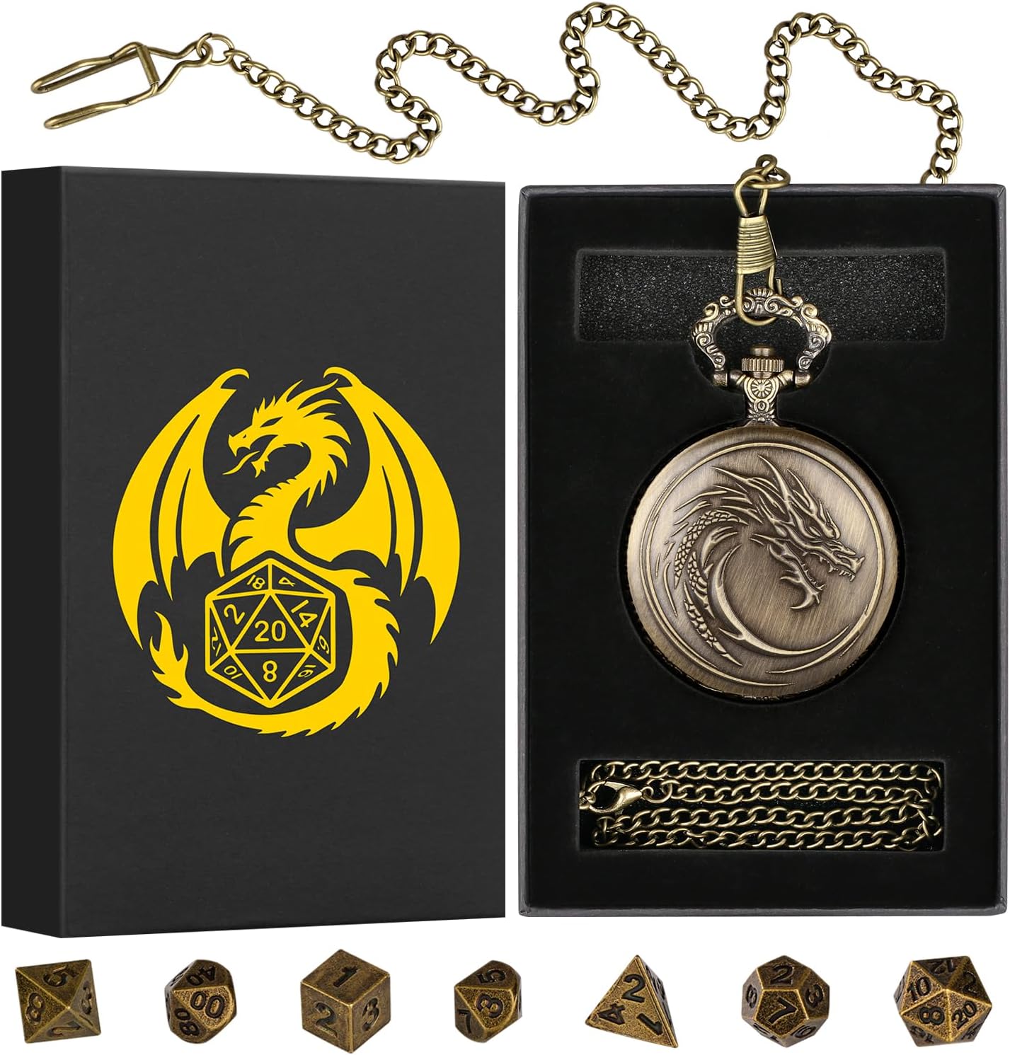 Mini DND Dice Set with Steampunk Dragon Head Totem Pocket Watch Case, Tiny 7PCS Polyhedral Metal D&D Dice, DND Gifts with Gift Box, Role Playing Game Board Game Accessories Dice, Bronze