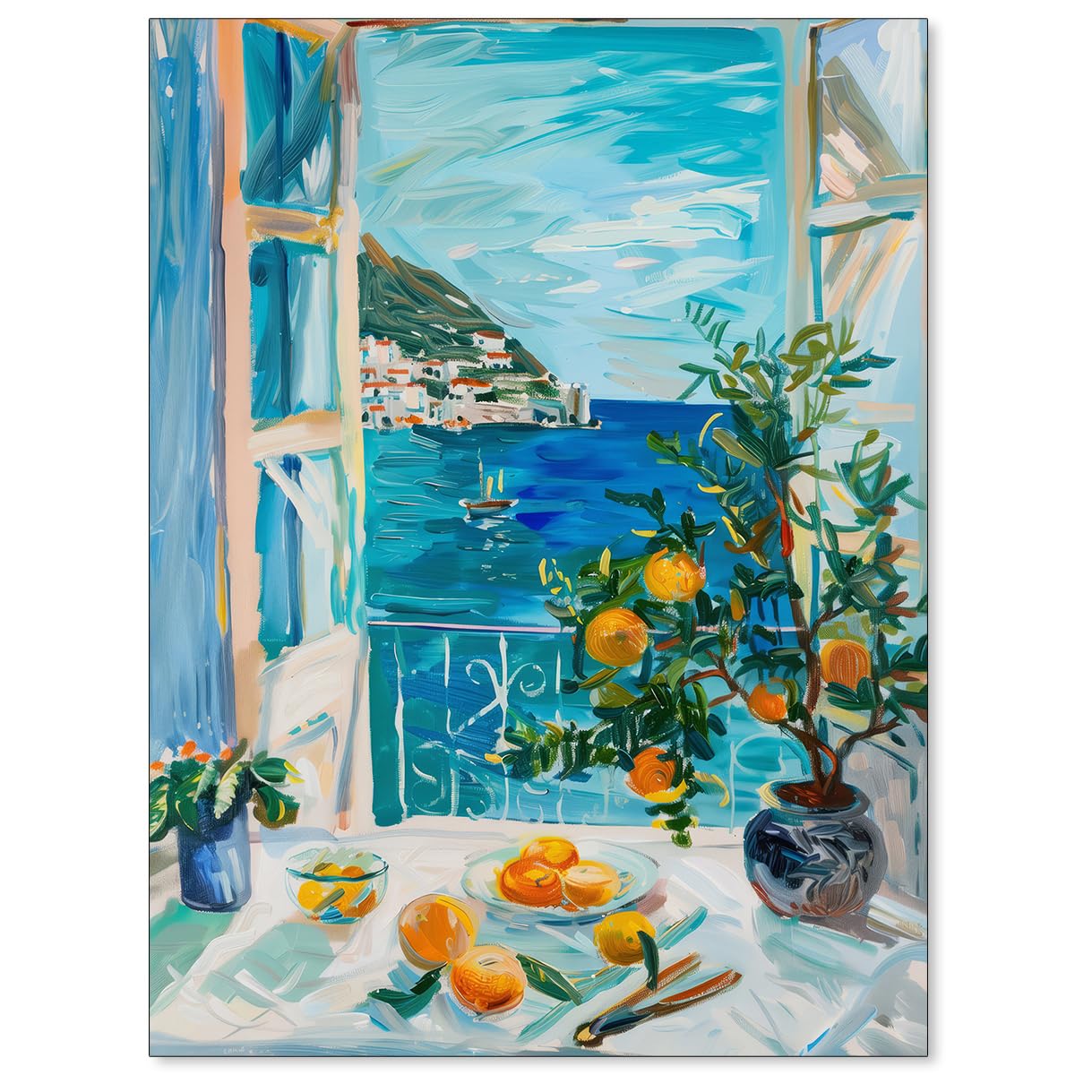 OMANI Blue Coastal Landscape Poster Open Window Canvas Wall Art Impressionist Mediterranean Oranges Oil Painting for Gallery Aesthetic Wall Decor