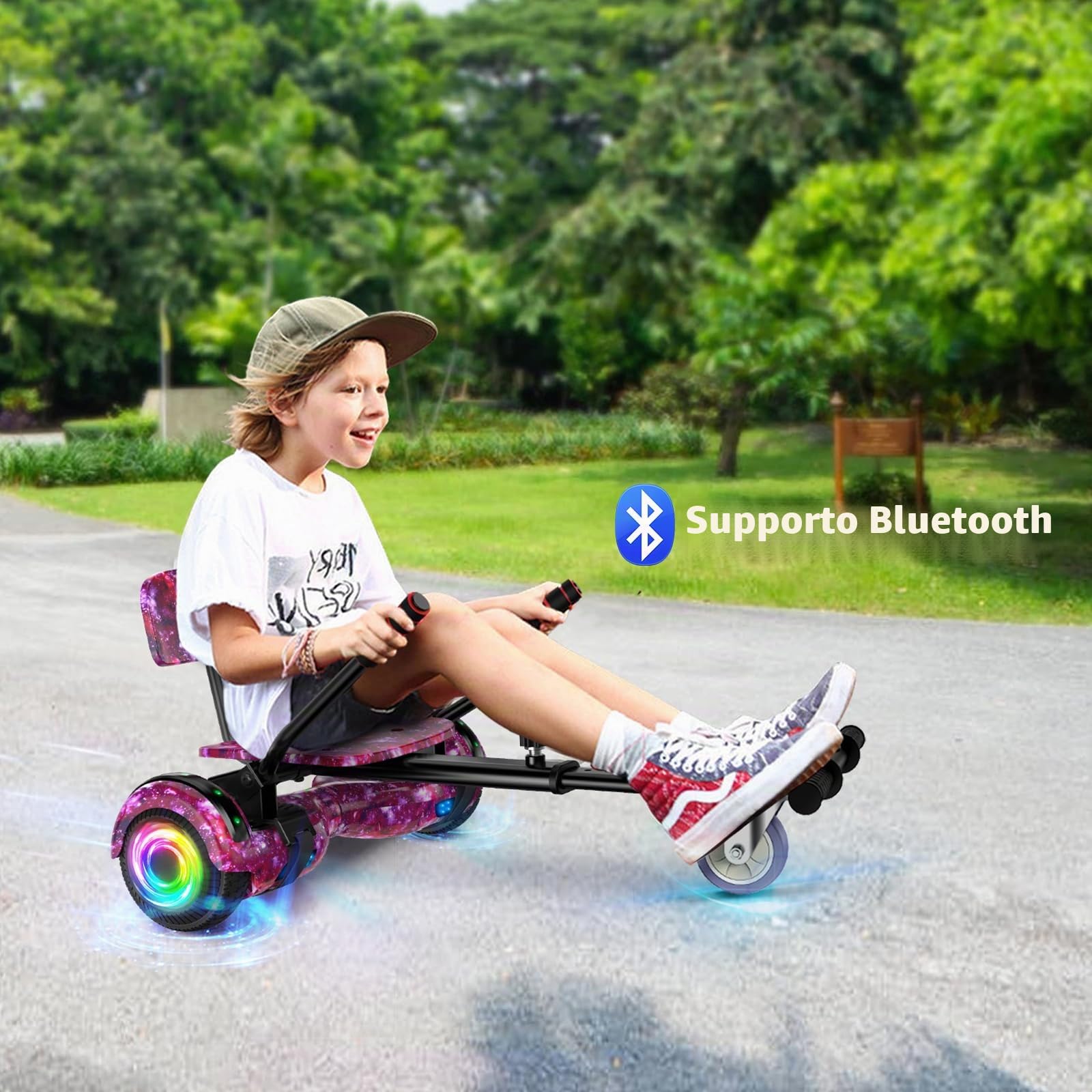 SISIGAD Hoverboard con Hoverkart,Overboard con Hoverkart per bambini, Hoverboard con musica bluetooth e luci a LED