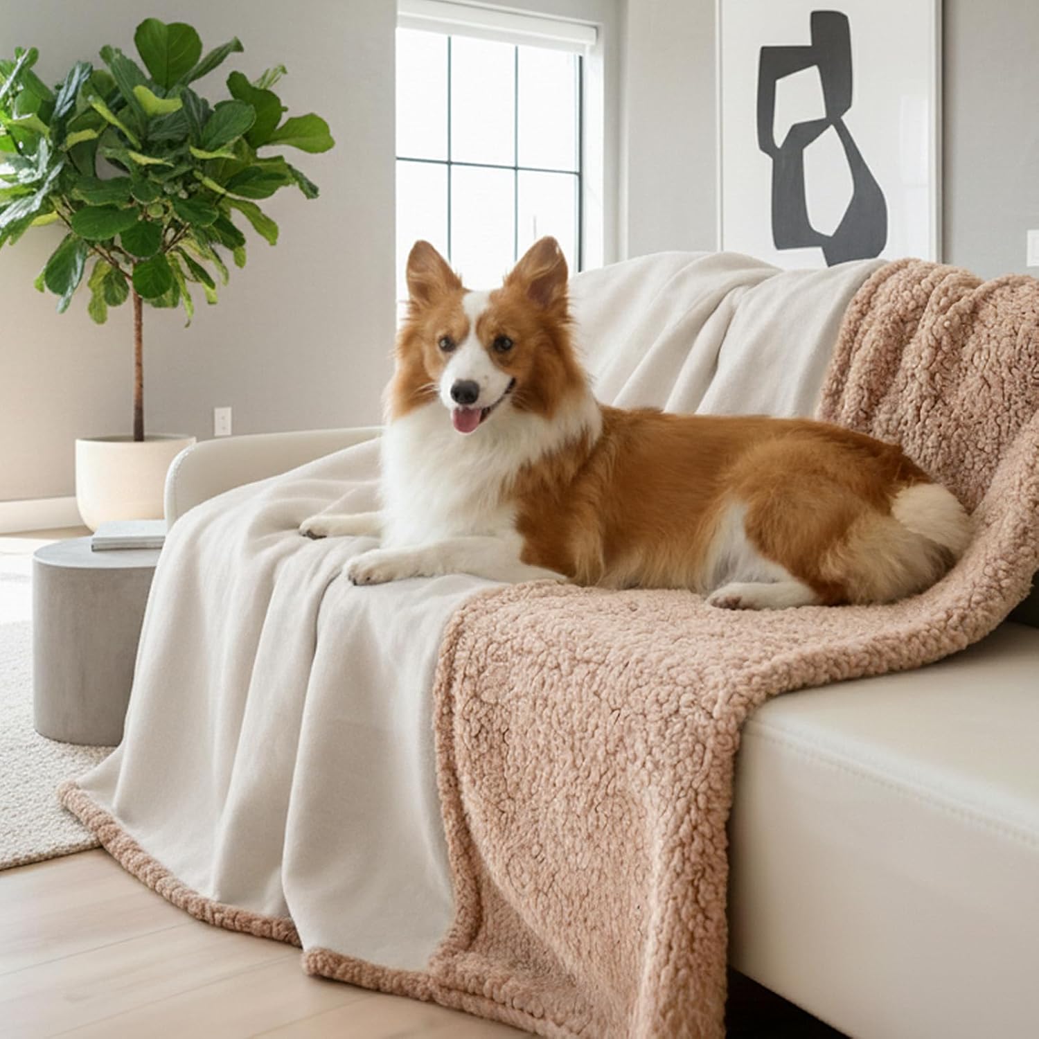 Makigued Waterproof Dog Blanket for Couch & Bed, Reversible Sherpa Fleece Pet Throw with Quiet TPU Barrier, Machine Washable Furniture Protector for Large Dogs & Cats, Throw Size 50x60 Inch, Cream