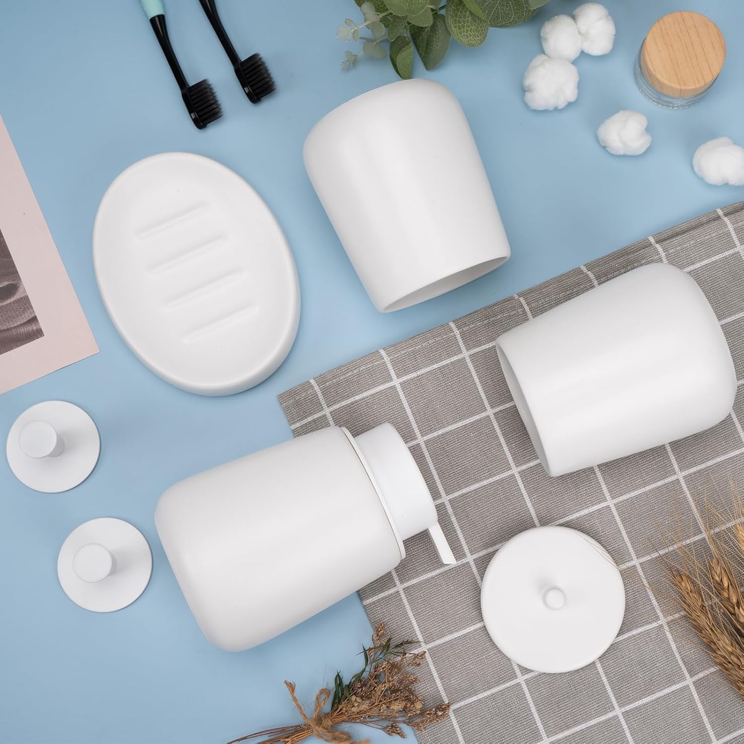 Ceramic Bathroom Accessories Set 6 Pcs, White Bathroom Accessory Set Includes Foaming Soap Dispenser with Rust-Proof Plastic Pump, Bathroom Cup, Qtip Holder, Soap Dish, 2Pcs Adhesive Hooks for Home - Image 4