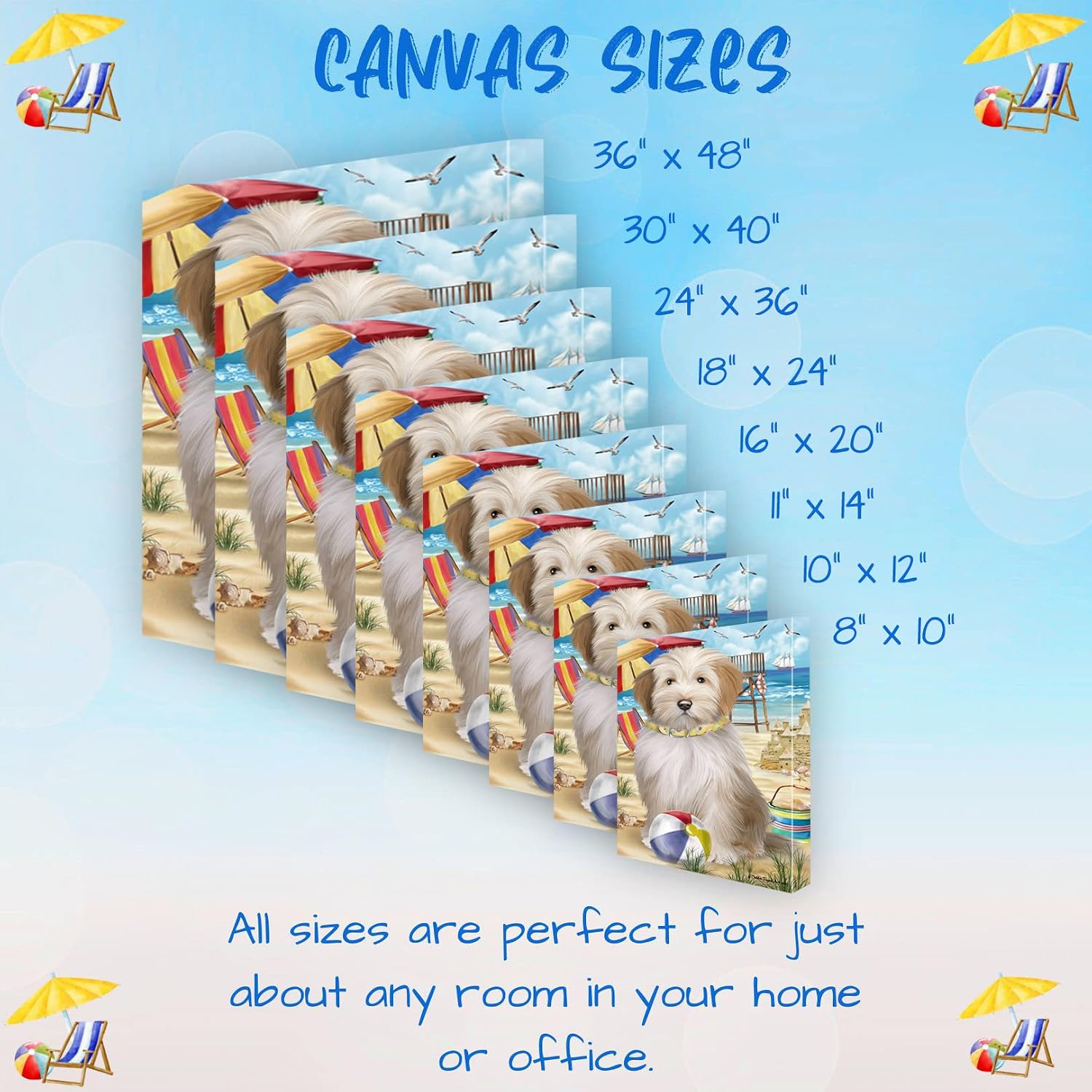 Doggie of the Day Pet Beach with Tibetan Terrier Dogs Canvas Wall Art - Premium Quality Ready to Hang Room Decor - Flat Rolled 20" x 24"