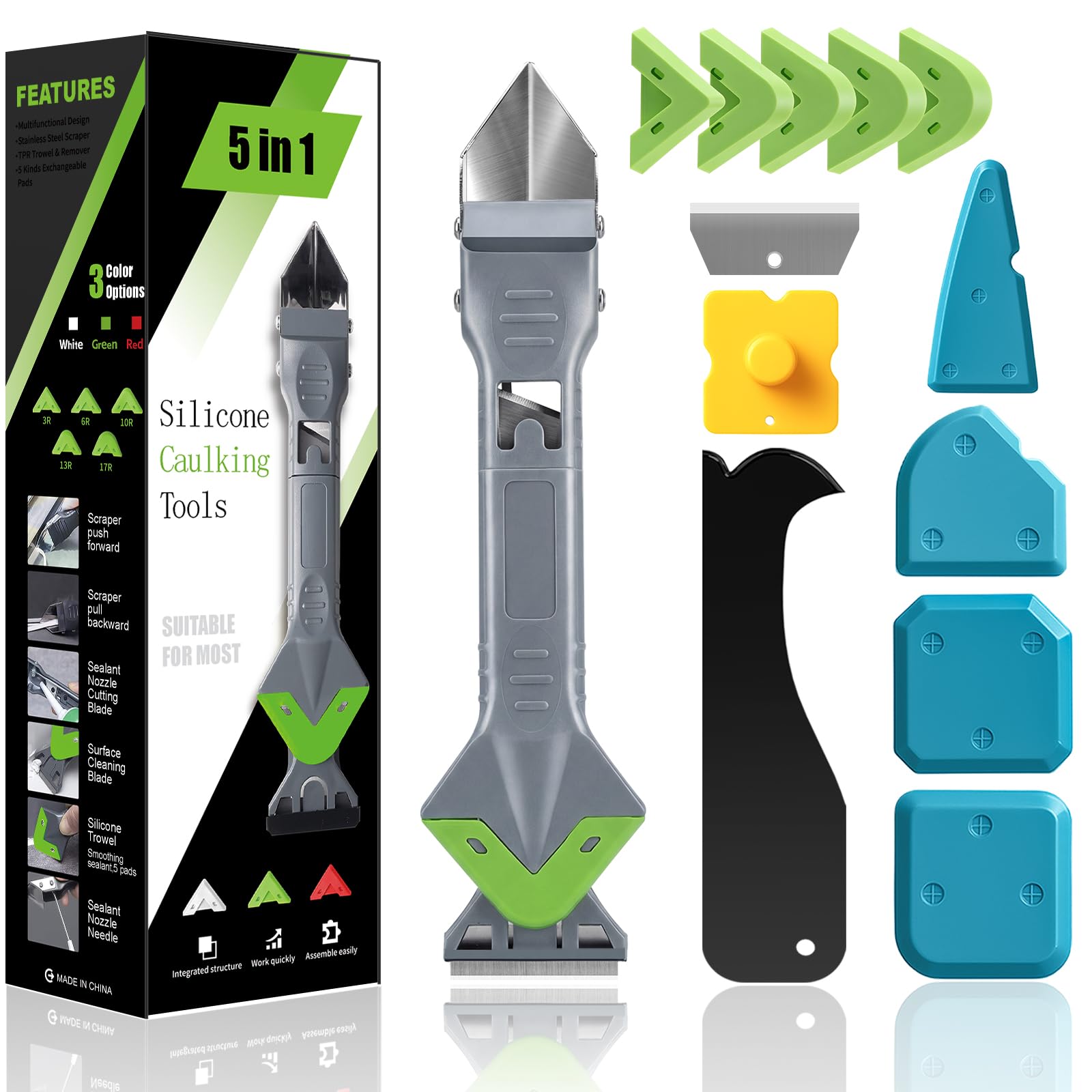 Kit outils calfeutrage silicone 5 en 1 pour enlever le vieux mastic sans rayer
