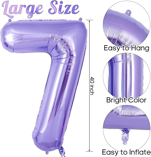Miniatura 3 de Globo morado del número 7 de 40 pulgadas, globos de helio grandes y grandes, globos gigantes de Mylar número 7 para fiestas de cumpleaños de 7 años,