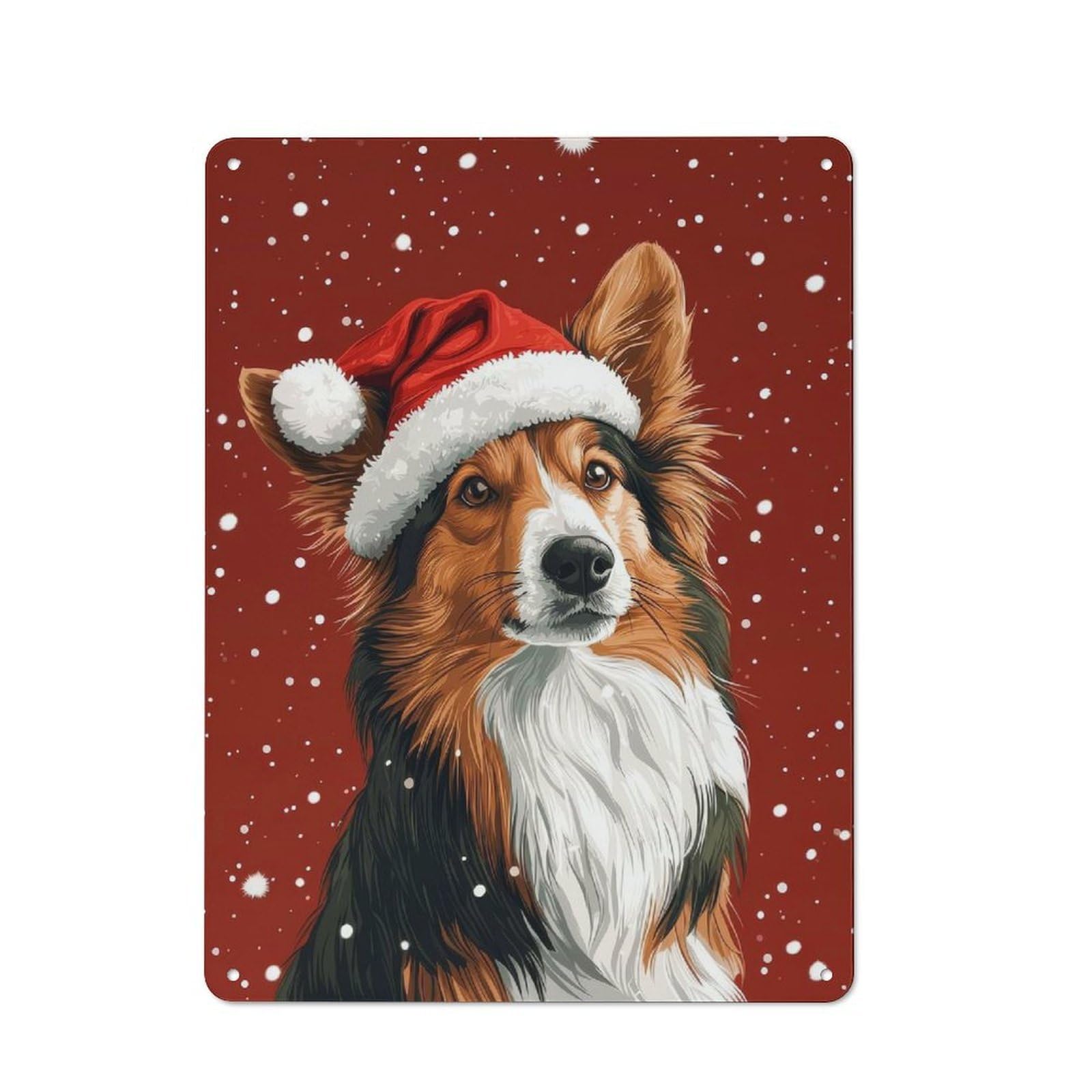 Junmoney Christmas Collie With Santa Hat Holiday Dog Metal Plaque 40X30cm With Print For Hallway Wall, Rustic Decor, For Garage, Workshop And Man Cave Decoration