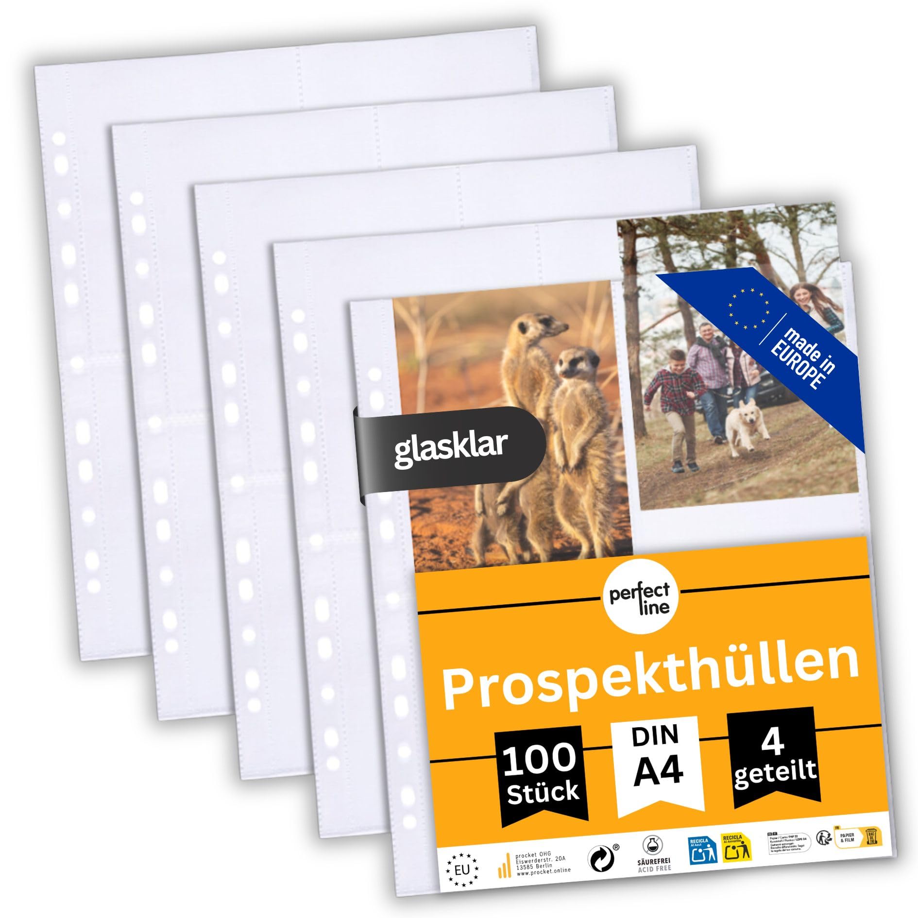 perfect line 100 kieszonek, 4 częściowe, przezroczyste, kieszeń na prospekty DIN-A4 przezroczysta, przezroczysta kieszeń na 4 przegródki (4 x A6), folia przezroczysta bezbarwna