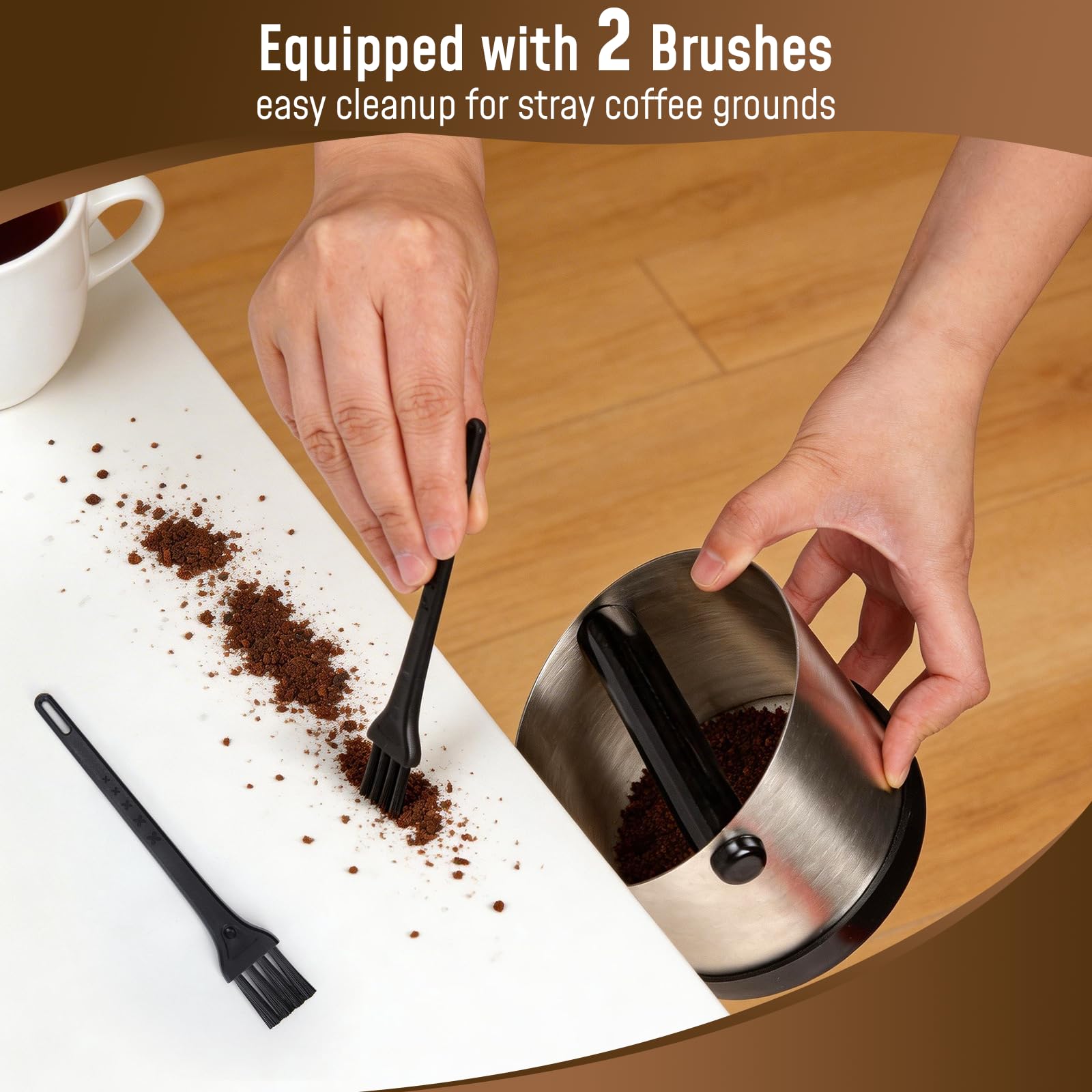 Alyvisun Coffee Knock Box Acero Inoxidable, 650ml Cajon Posos Cafe con 2 Pinceles, Recipiente para Posos de Café con Barra Extraíble Antigolpes para Cafeterías, Hogar, Restaurante, Oficina
