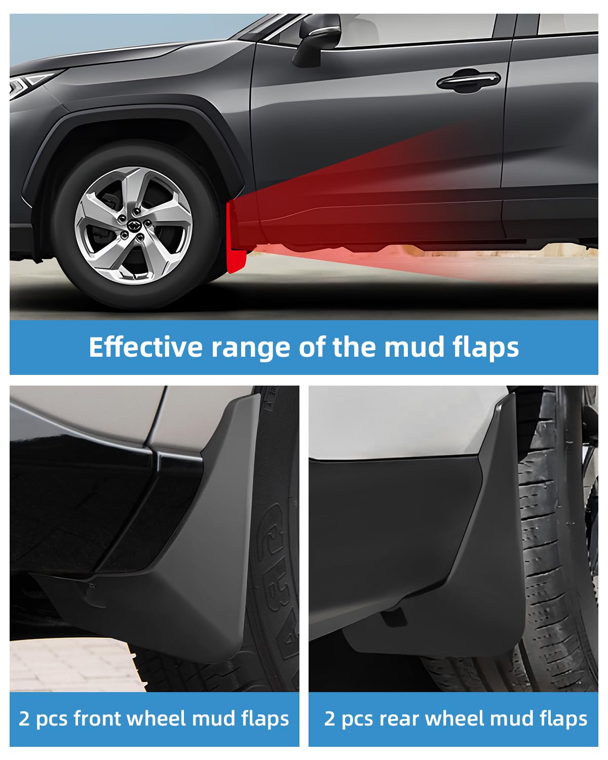 Garde-Boue pour Toyota RAV4 2025 2024 2023 2022 2021 2020 2019, Bavettes Avant et Arrière avec Vis de Montage, Pare Boue Anti-Éclaboussures Accessoires Pas Besoin de Percer [4 Pièces] | Garde-boue avant et arrière, avec vis de montage, aucun perçage néces